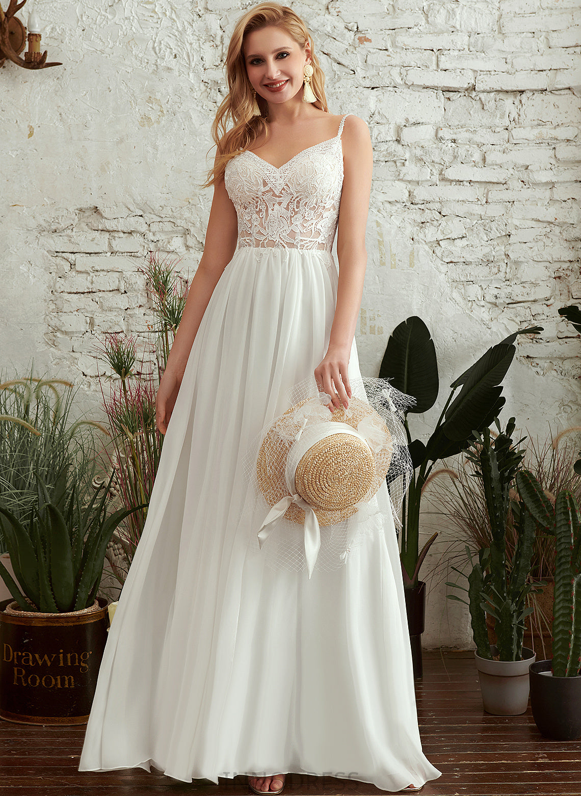 Floor-Length A-Line Wedding With V-neck Chiffon Wedding Dresses Lace Dress Beading Ireland