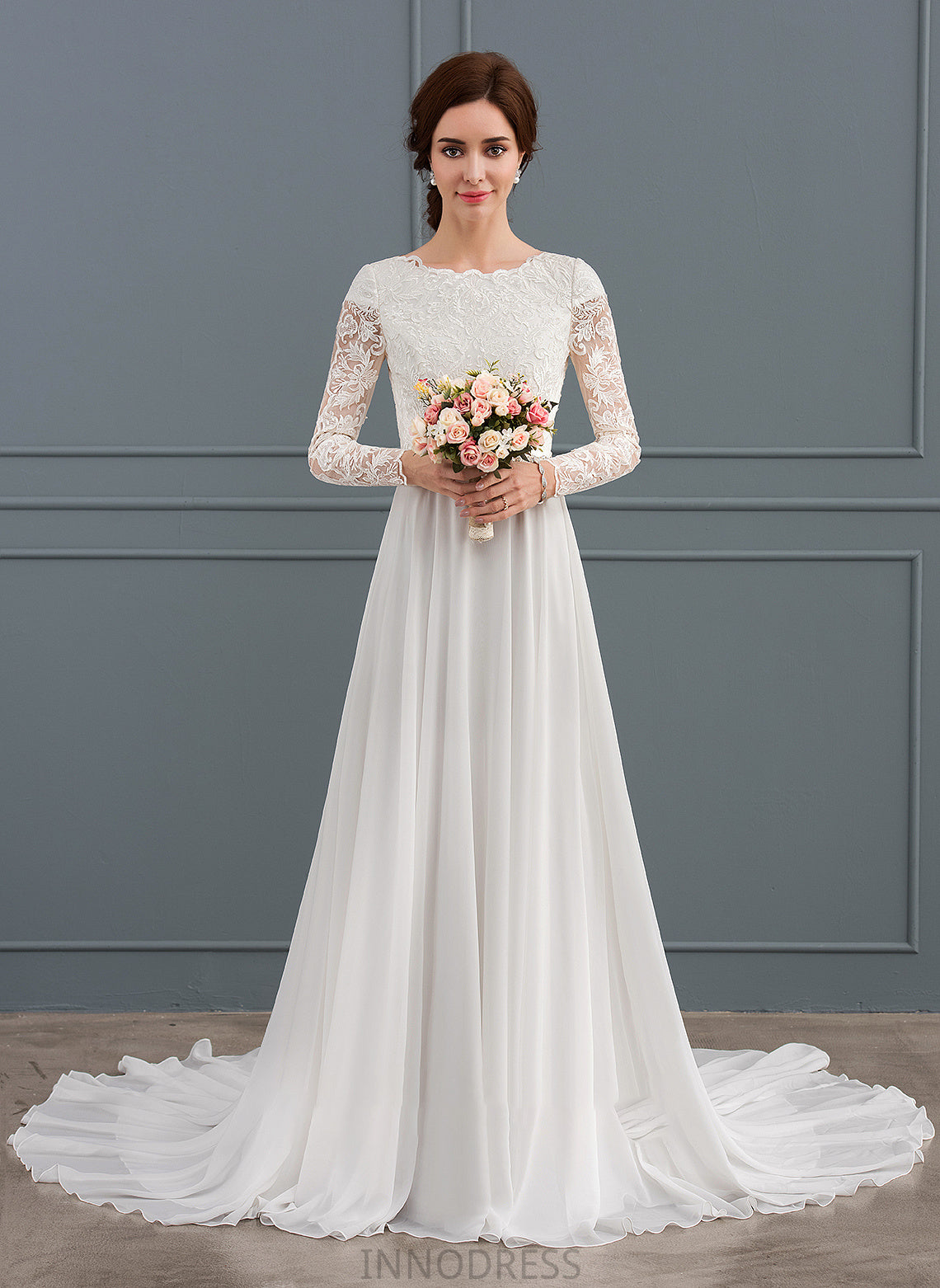 A-Line Court Wedding Dress Scoop Beading Wedding Dresses Chiffon With Train Neck Brisa