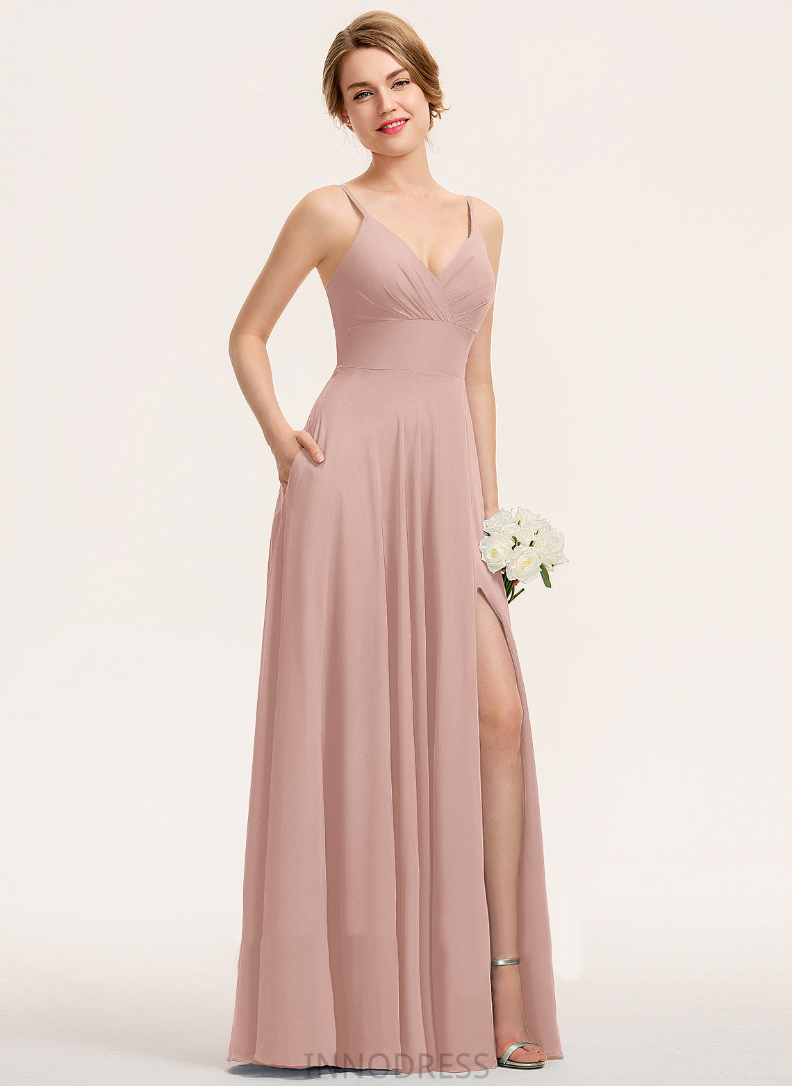 Neckline Embellishment Fabric Pleated Floor-Length Length Silhouette A-Line V-neck India Spaghetti Staps Natural Waist Bridesmaid Dresses