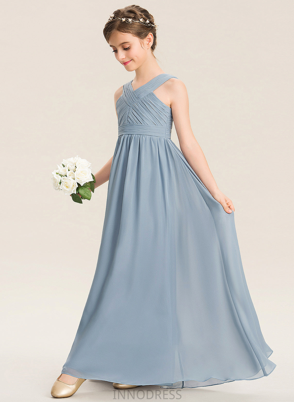 With Junior Bridesmaid Dresses A-Line Chiffon V-neck Alicia Ruffle Floor-Length