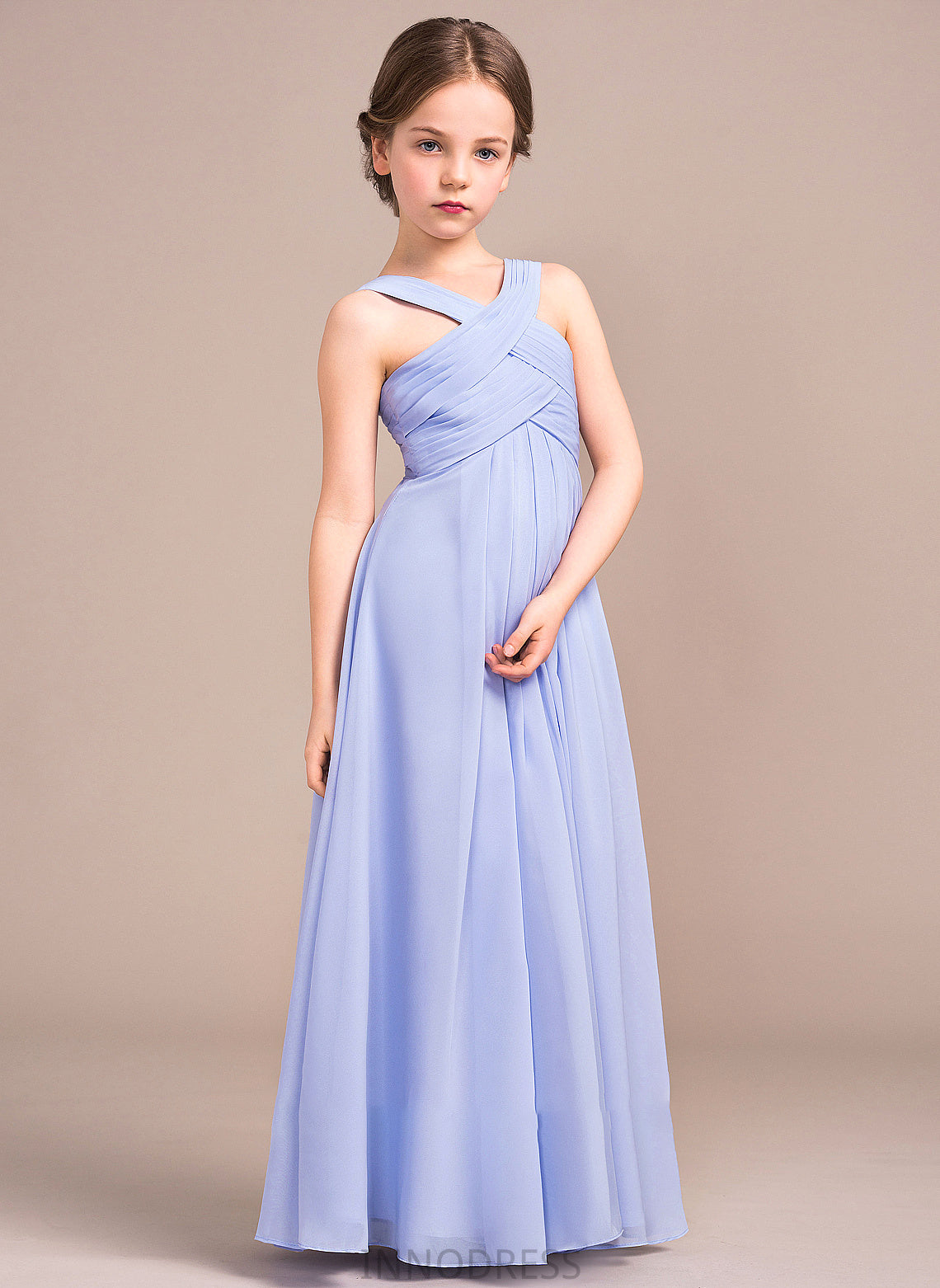 V-neck A-Line Chiffon Junior Bridesmaid Dresses Floor-Length Jaslene Ruffle With