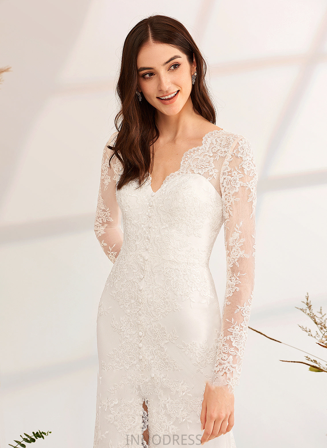 Wedding Sweep Beading Dress V-neck Split Wedding Dresses Elisa Front A-Line Sequins Train With