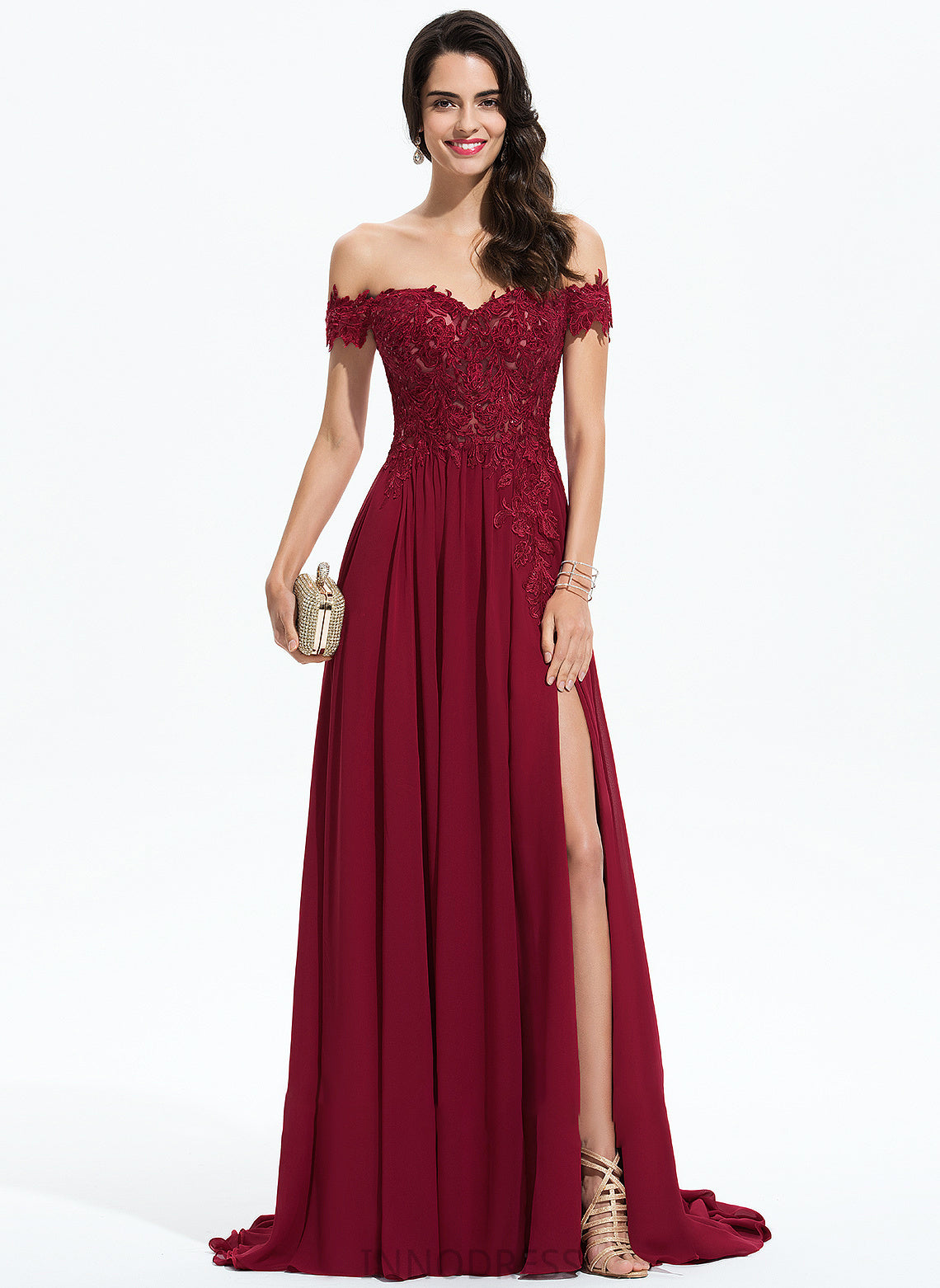 Prom Dresses A-Line Chiffon Nyla Sweep Sequins With Off-the-Shoulder Lace Train