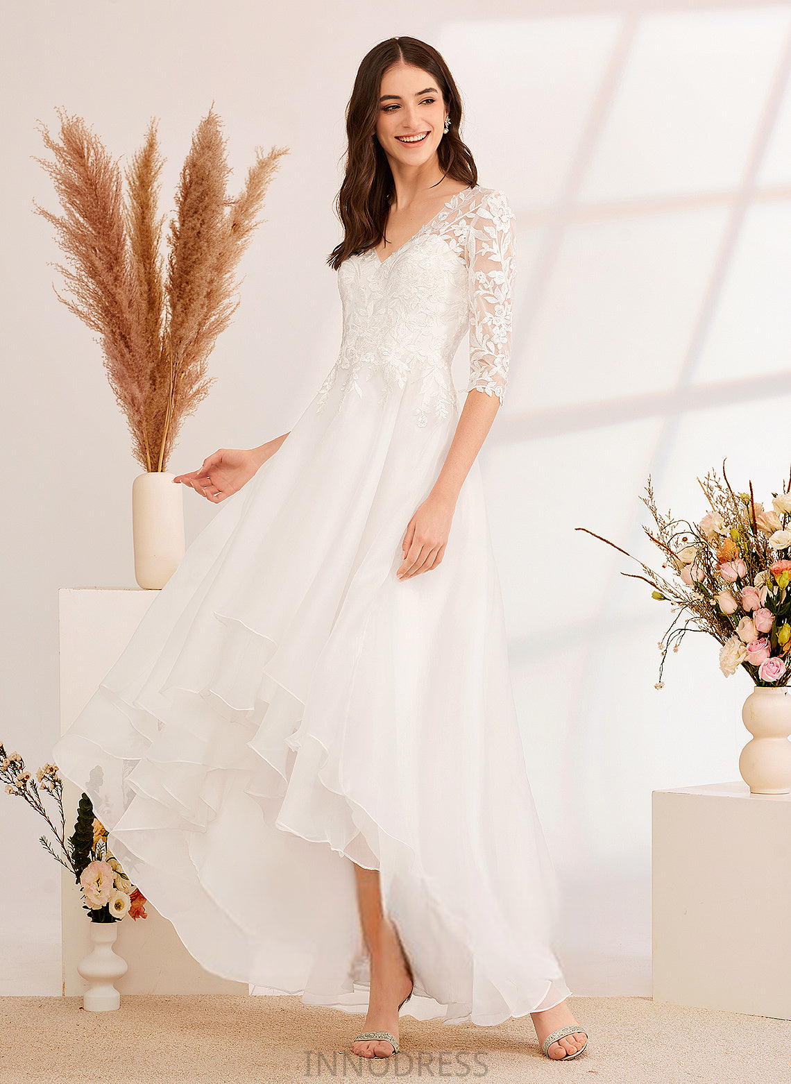 V-neck A-Line Lace Wedding Dresses With Tulle Dress Kamila Asymmetrical Beading Wedding Sequins