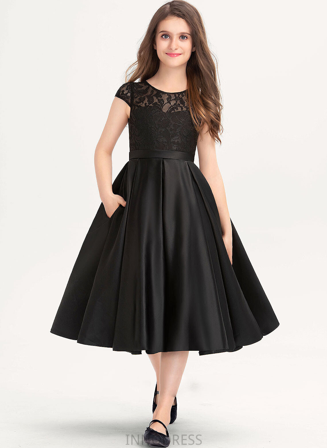 A-Line Pockets Lace Marina Neck Satin Scoop Junior Bridesmaid Dresses With Knee-Length