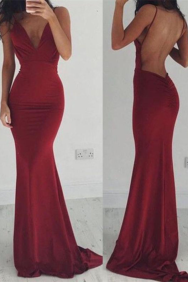 Burgundy Sheath Brush Train Deep V Neck Sleeveless Backless Prom Dresses