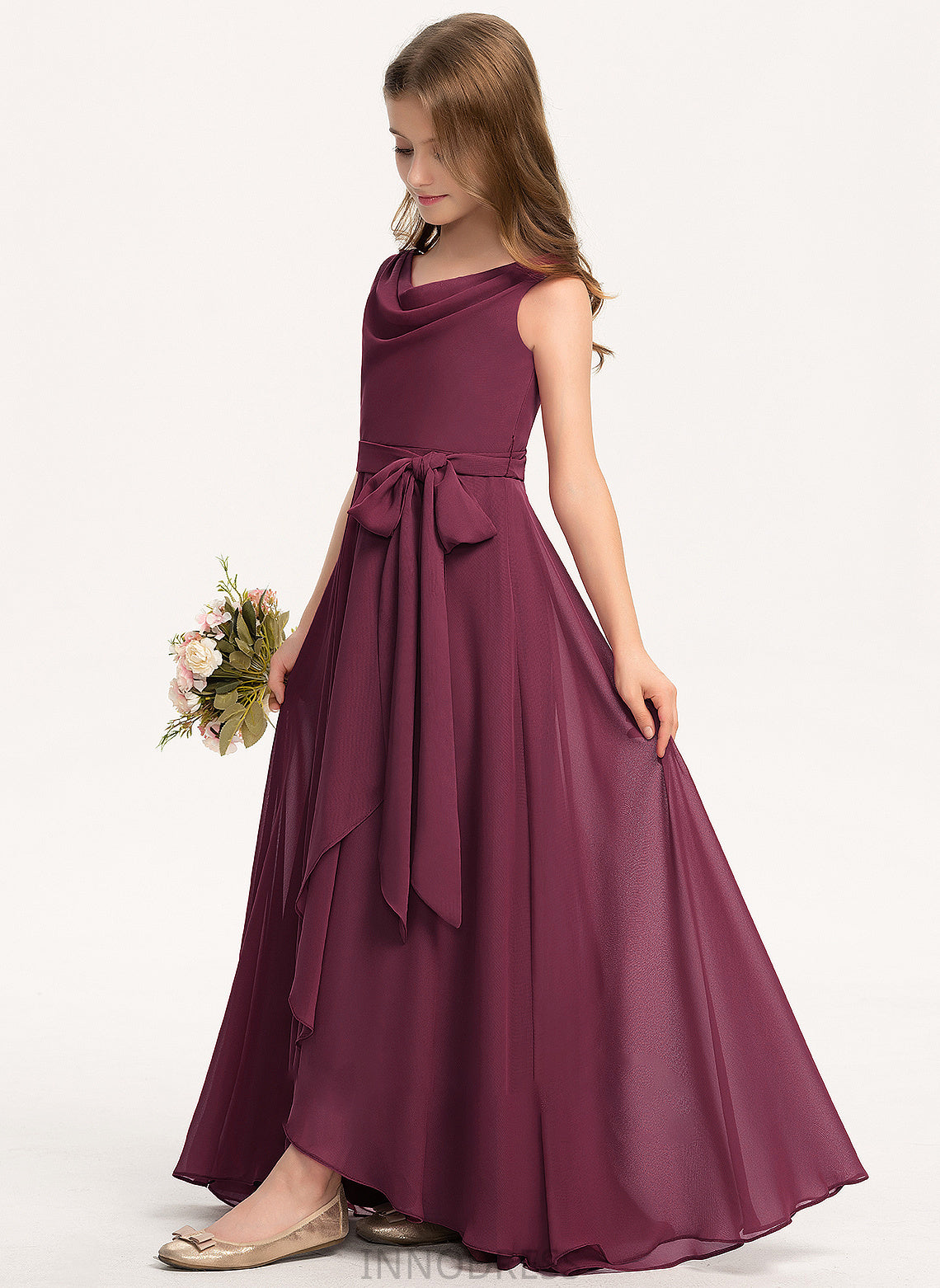 Neck A-Line Kaylah Junior Bridesmaid Dresses Bow(s) With Asymmetrical Cowl Chiffon