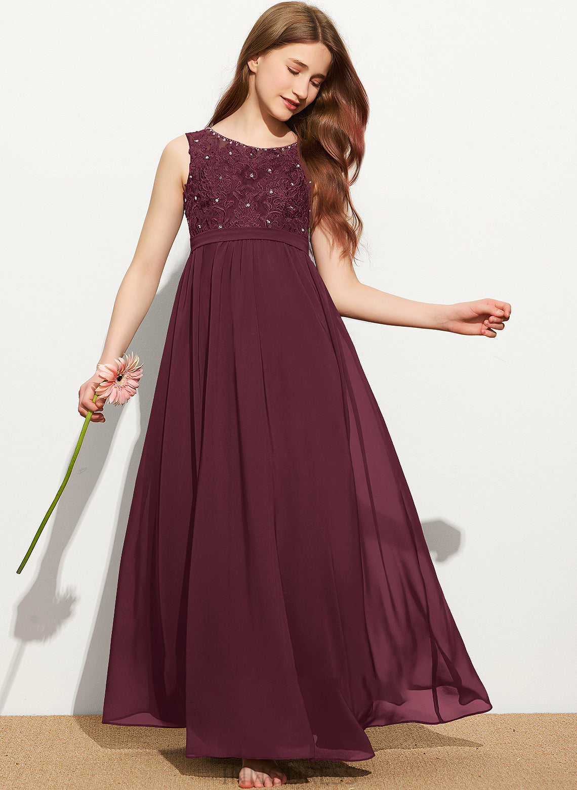 Scoop A-Line Neck Floor-Length Sequins With Lace Chiffon Heather Junior Bridesmaid Dresses Beading