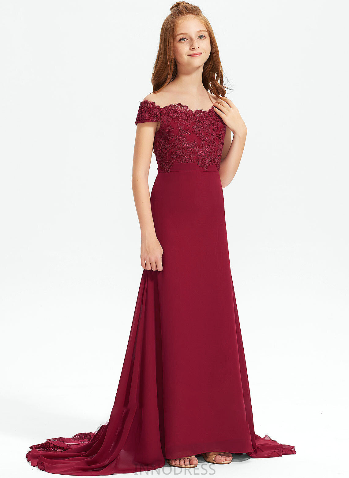 Train Junior Bridesmaid Dresses Trumpet/Mermaid Chiffon Off-the-Shoulder Court Lace Diana