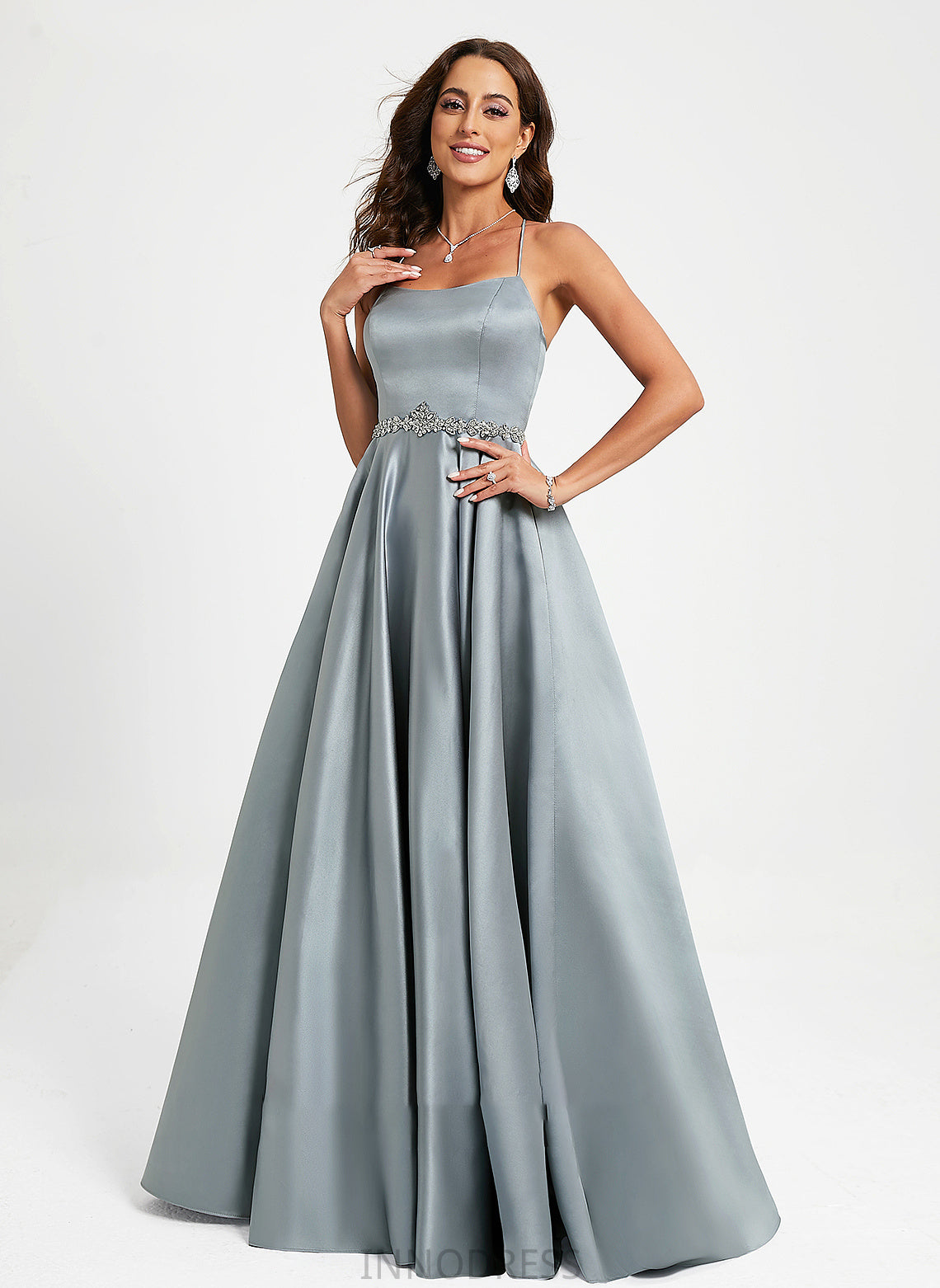 Neck A-Line Satin With Floor-Length Scoop Prom Dresses Beading Liana