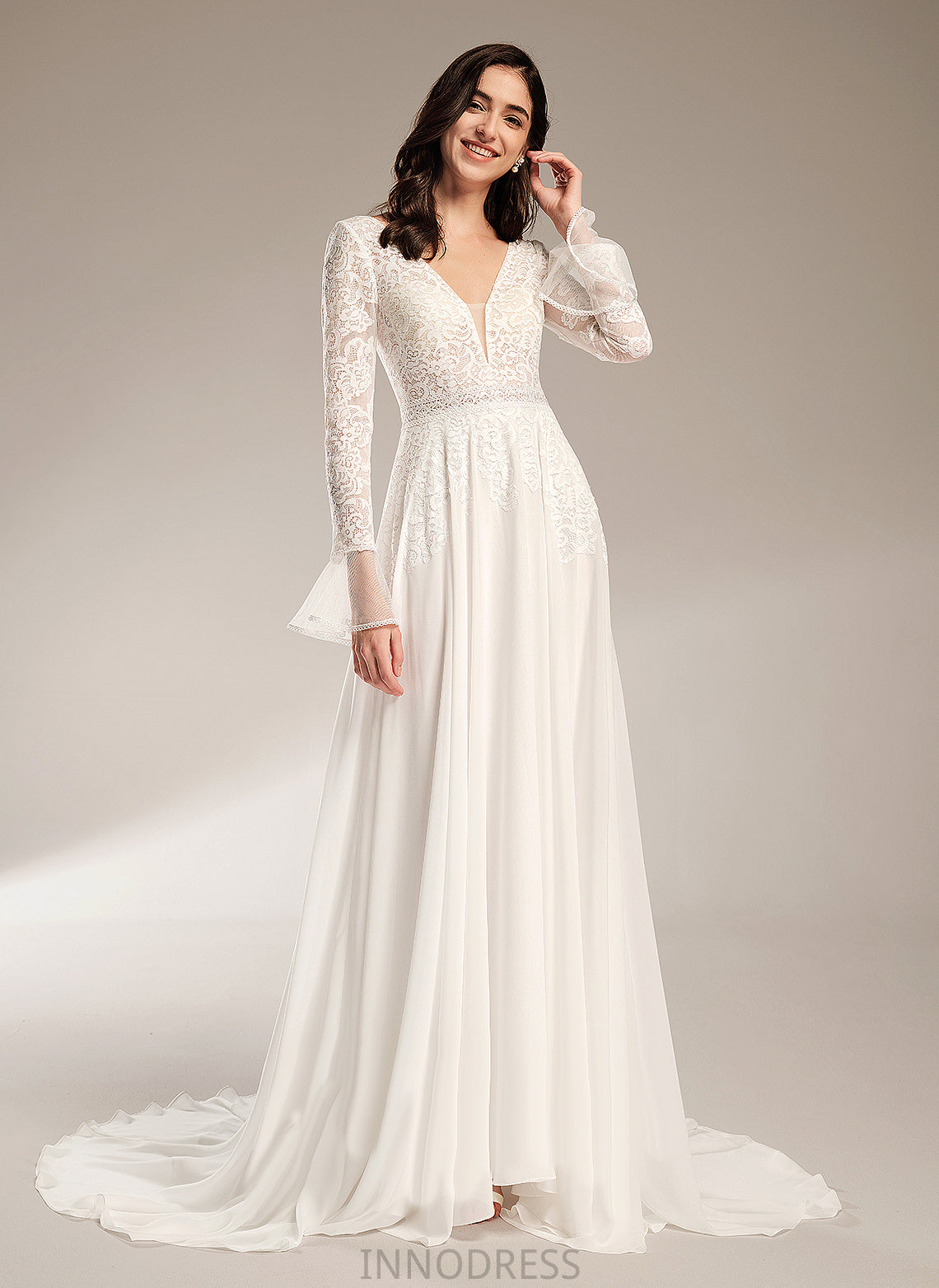 Wedding Dresses V-neck Dress Aurora Lace Train Wedding With A-Line Chiffon Court Ruffle