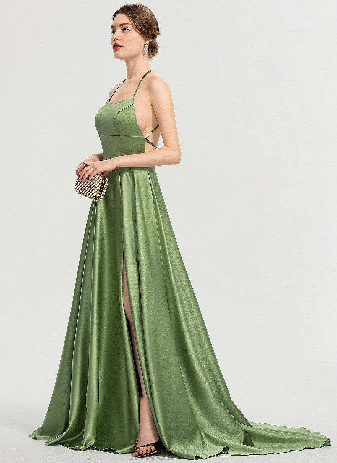 Scoop Lila Satin Split Prom Dresses Front A-Line With Sweep Neck Train