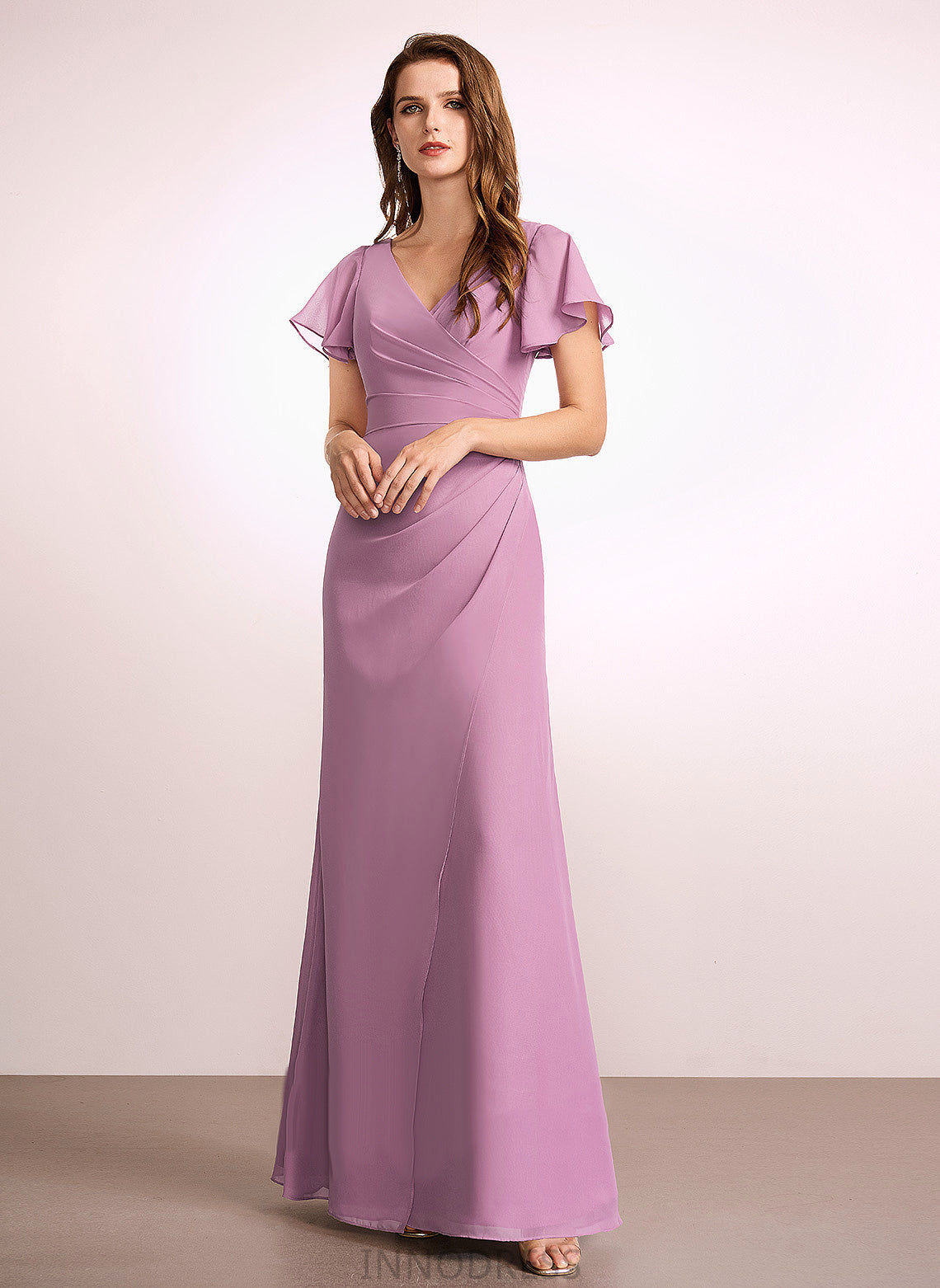 Fabric V-neck Embellishment Sheath/Column Floor-Length Length Neckline Ruffle Silhouette Jewel Scoop Sleeveless Bridesmaid Dresses