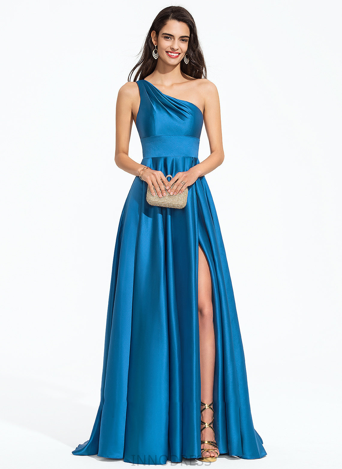 One-Shoulder Satin Train Sweep With A-Line Kaelyn Prom Dresses Split Front