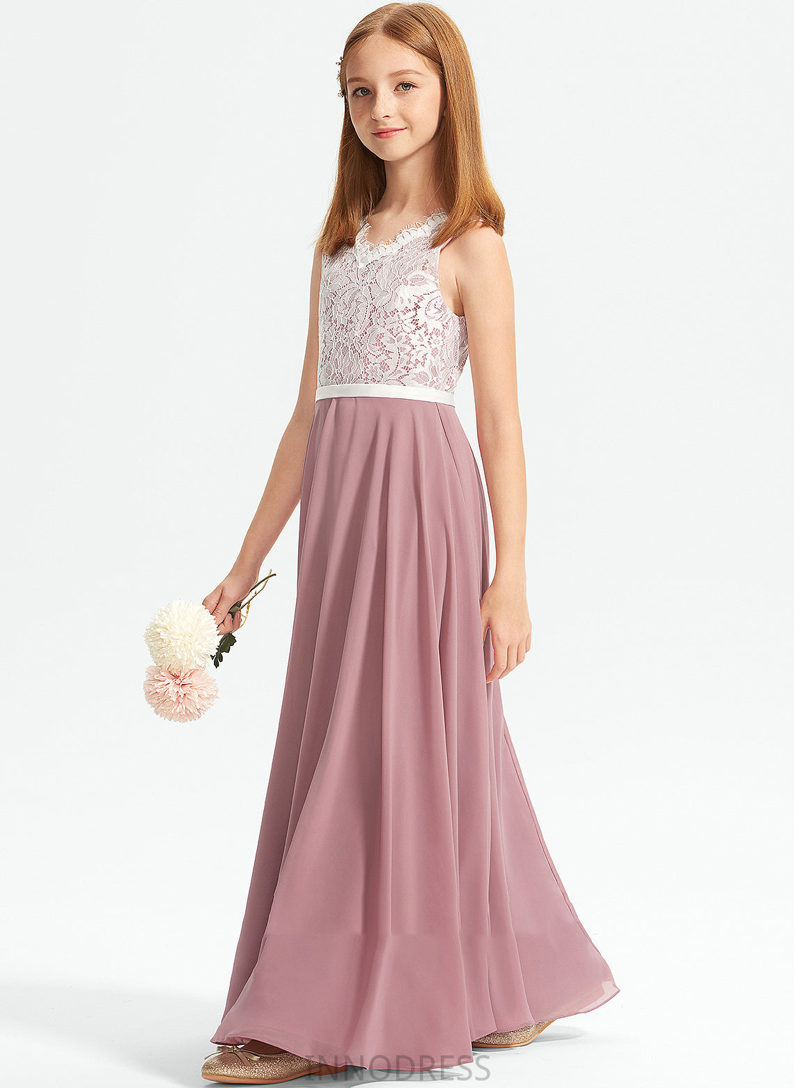 V-neck Floor-Length A-Line Junior Bridesmaid Dresses Lace Chiffon Kylie