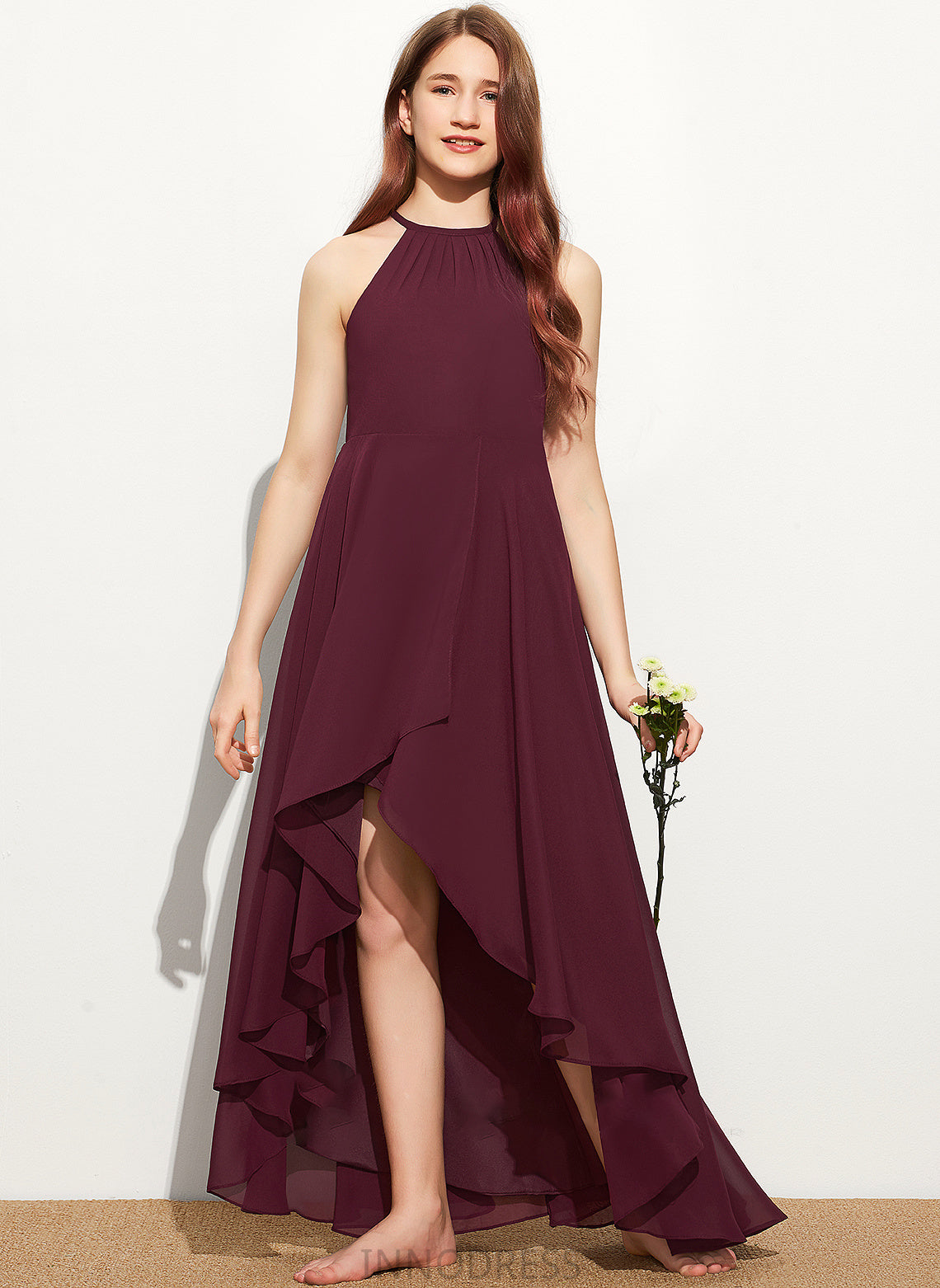 Ruffle Junior Bridesmaid Dresses Asymmetrical Neck A-Line Chiffon With Alannah Scoop