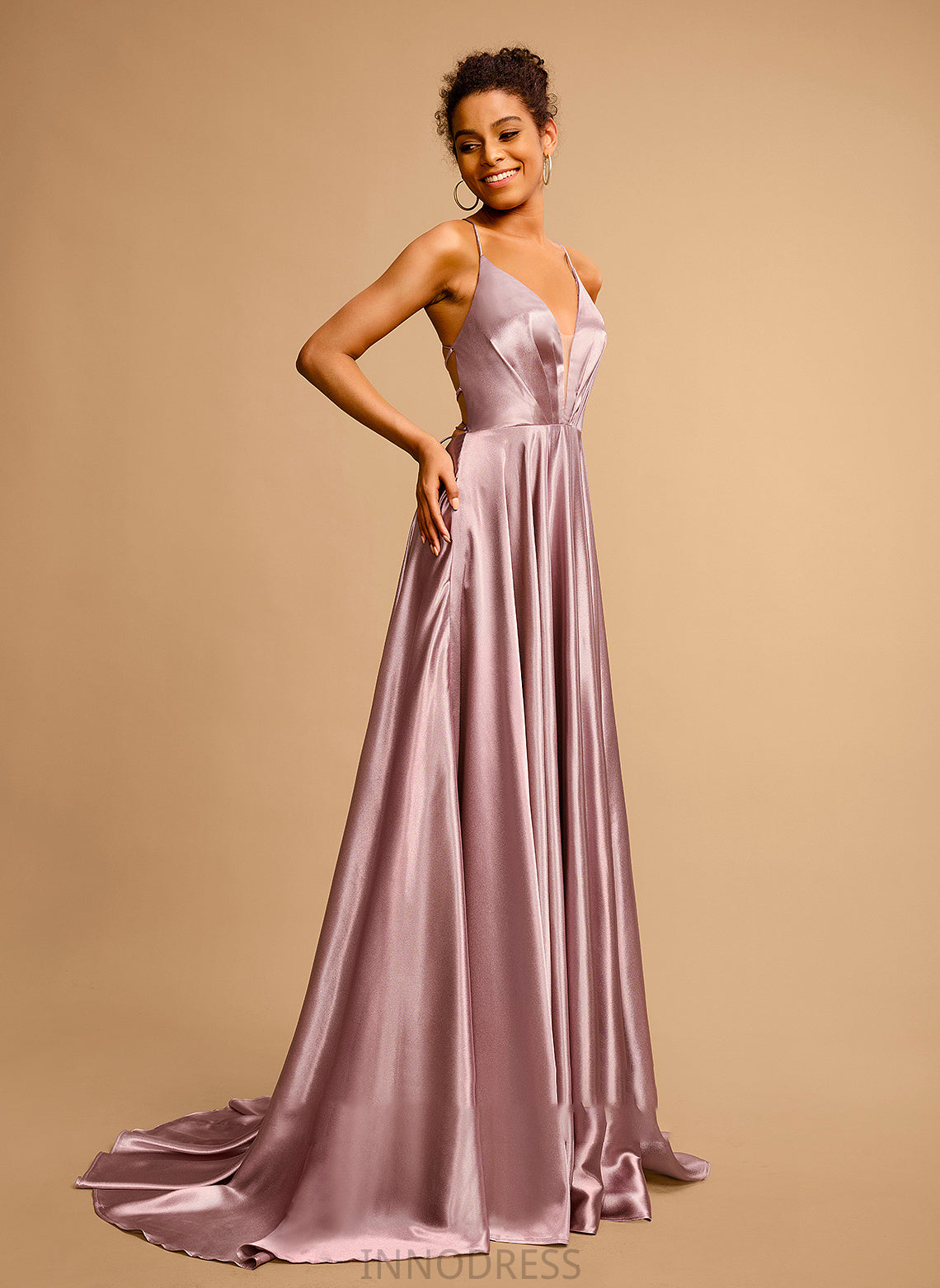 Sweep Prom Dresses Ball-Gown/Princess Cora Satin Train V-neck