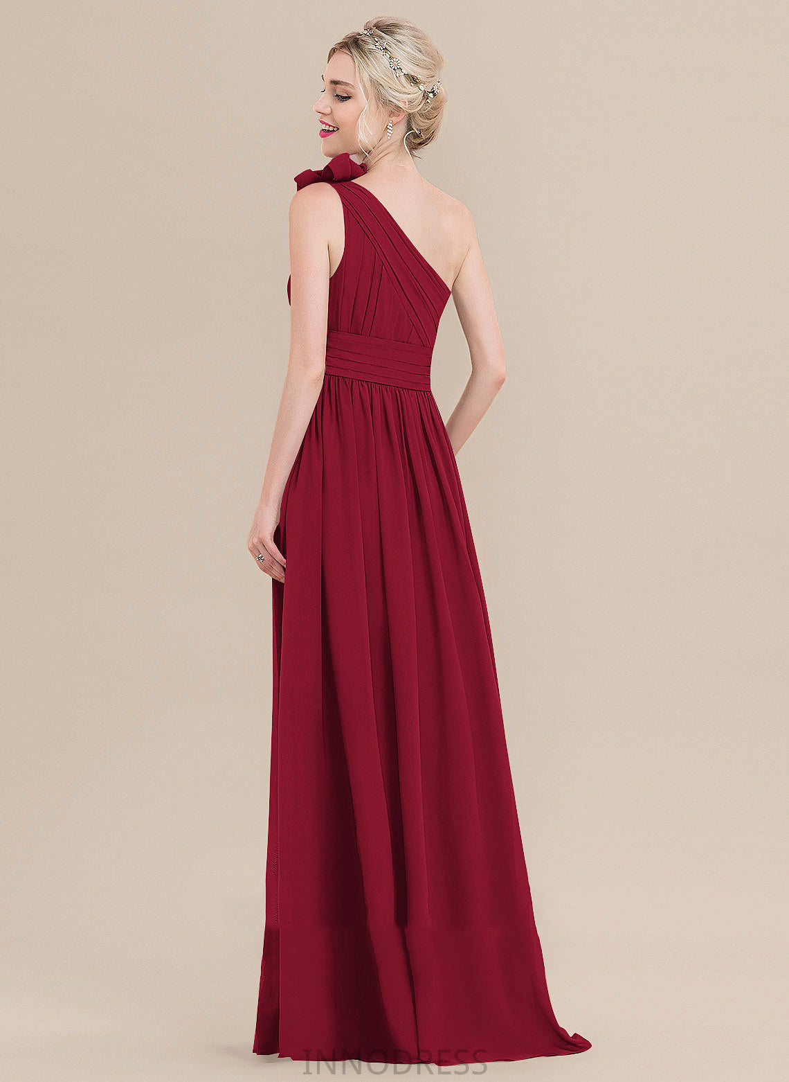 Fabric Silhouette Neckline A-Line Length Flower(s) Pleated Embellishment One-Shoulder Floor-Length Liliana V-Neck Bridesmaid Dresses