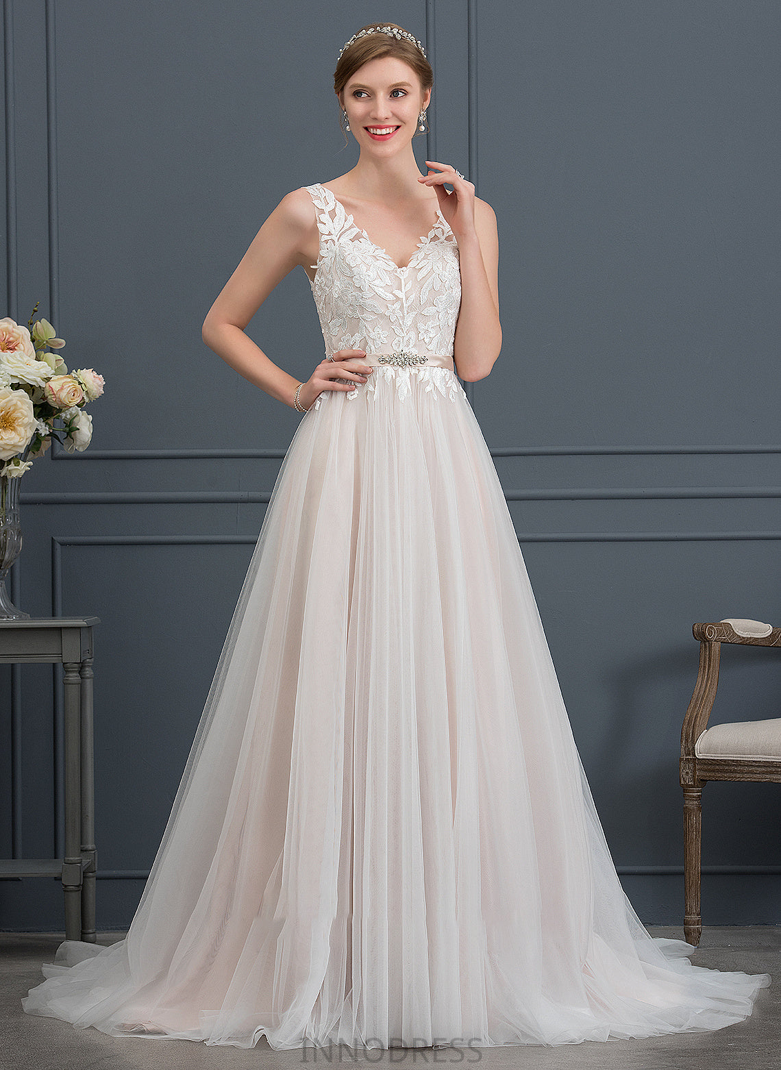 With Court A-Line Beading Train V-neck Dress Tulle Alia Wedding Dresses Wedding