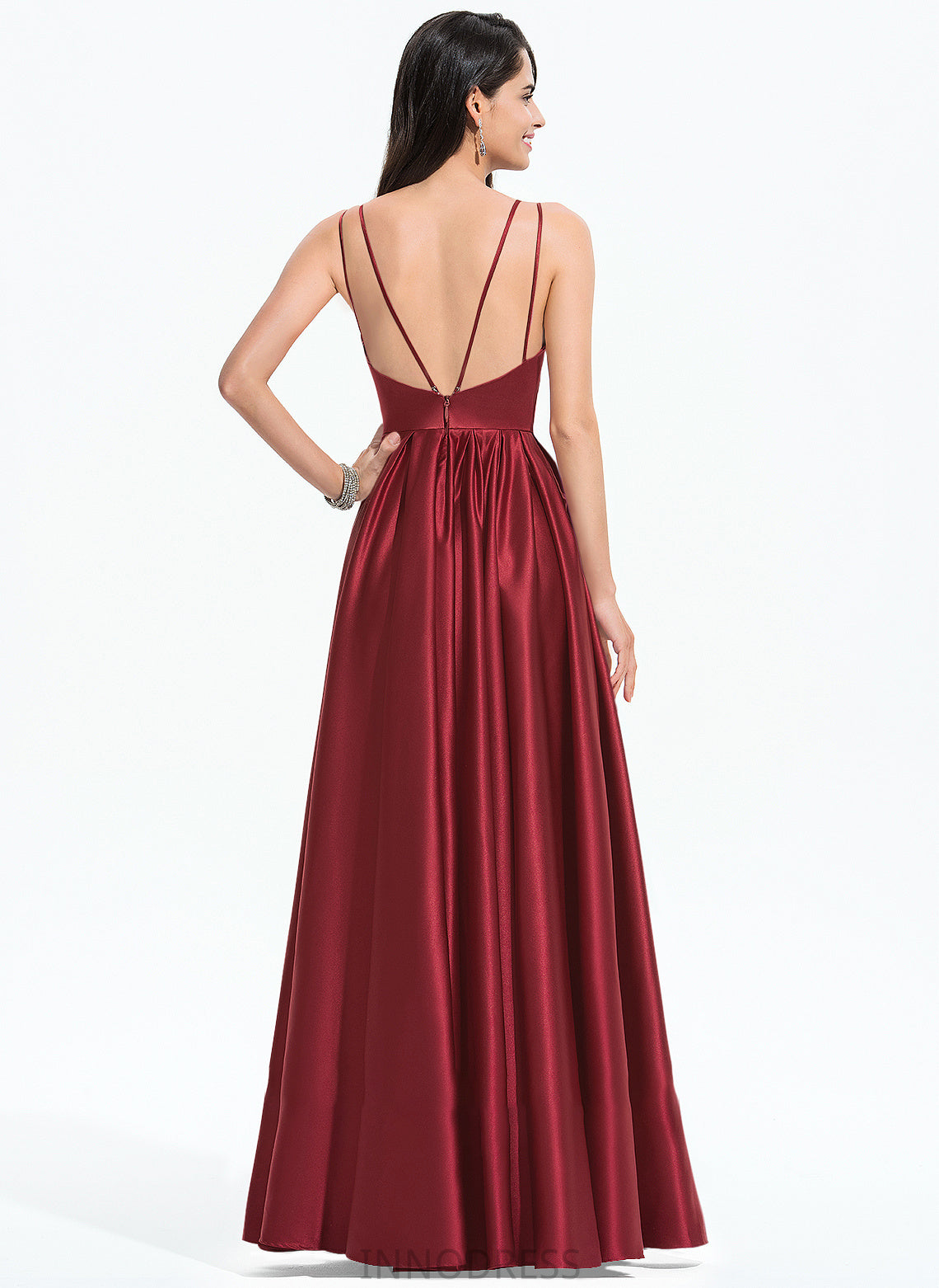 A-Line Floor-Length Sanaa Pockets Prom Dresses With V-neck Ruffle Satin