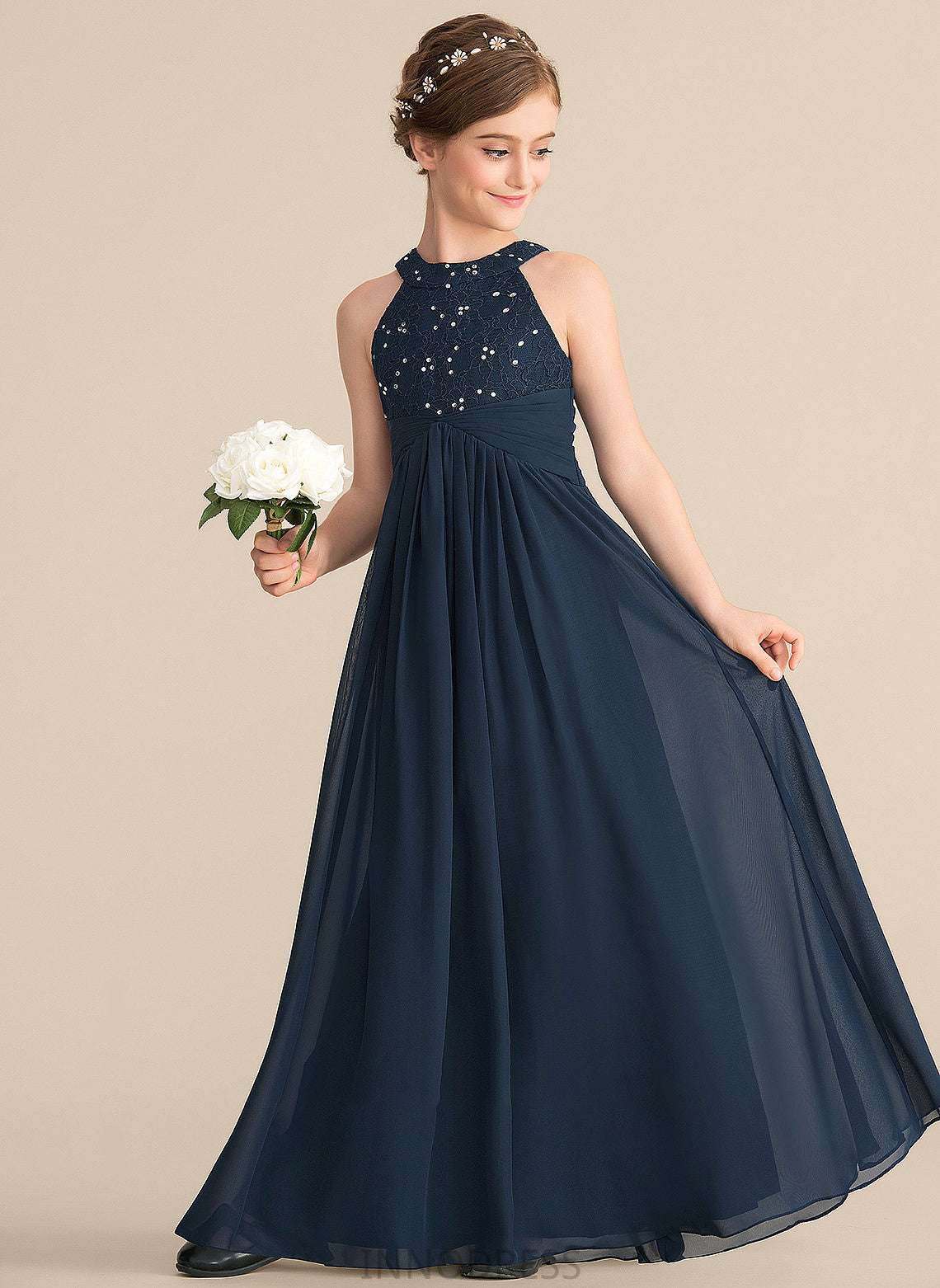 With Neck Chiffon Scoop Lace Jaelynn Floor-Length Ruffle Junior Bridesmaid Dresses A-Line Beading