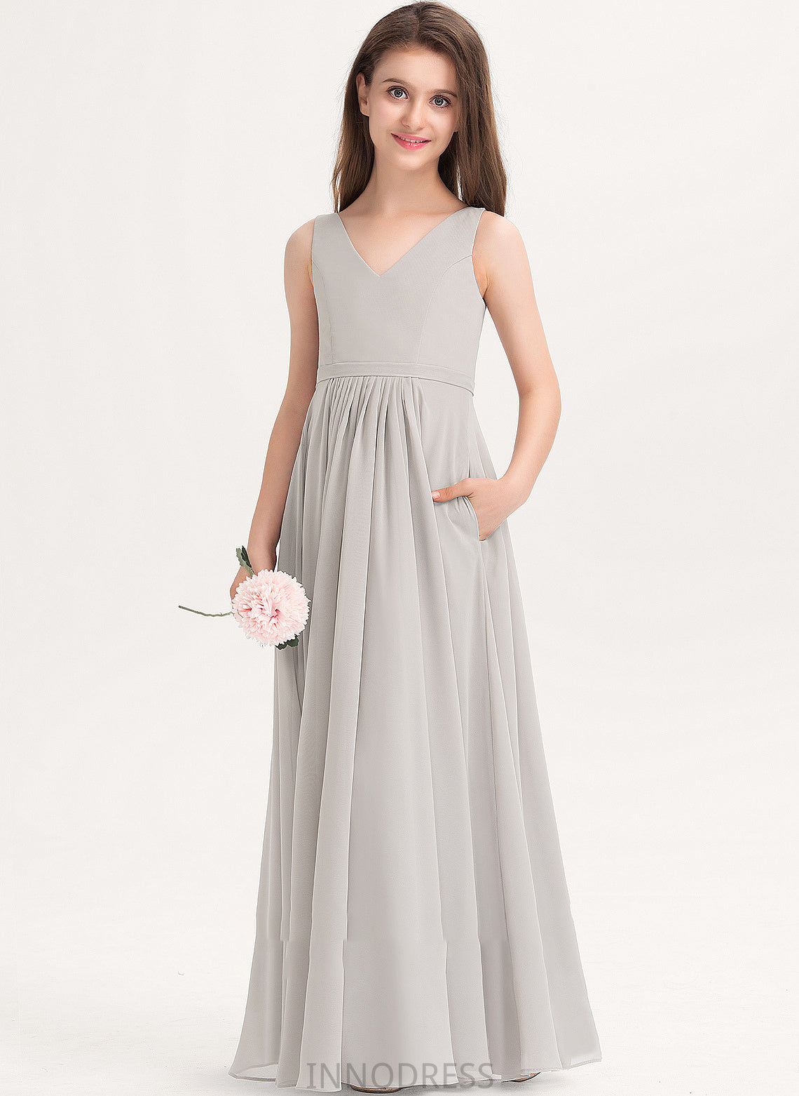 With Floor-Length Junior Bridesmaid Dresses V-neck A-Line Pockets Jaslene Chiffon