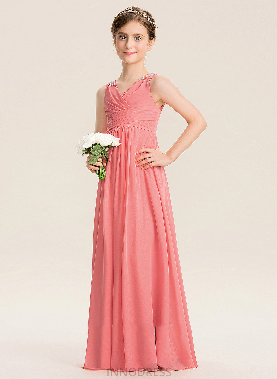 Junior Bridesmaid Dresses Zoie EmpireV-neckFloor-LengthChiffonJuniorBridesmaidDressWithRuffleBeadingSequins#173291