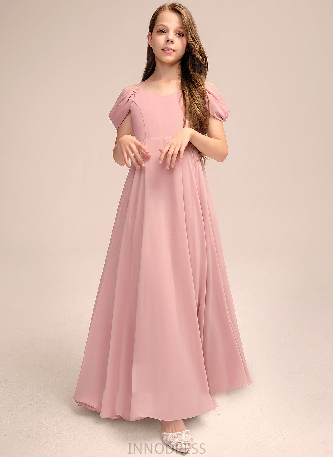 Chiffon Lesly Floor-Length V-neck Junior Bridesmaid Dresses A-Line Ruffle With