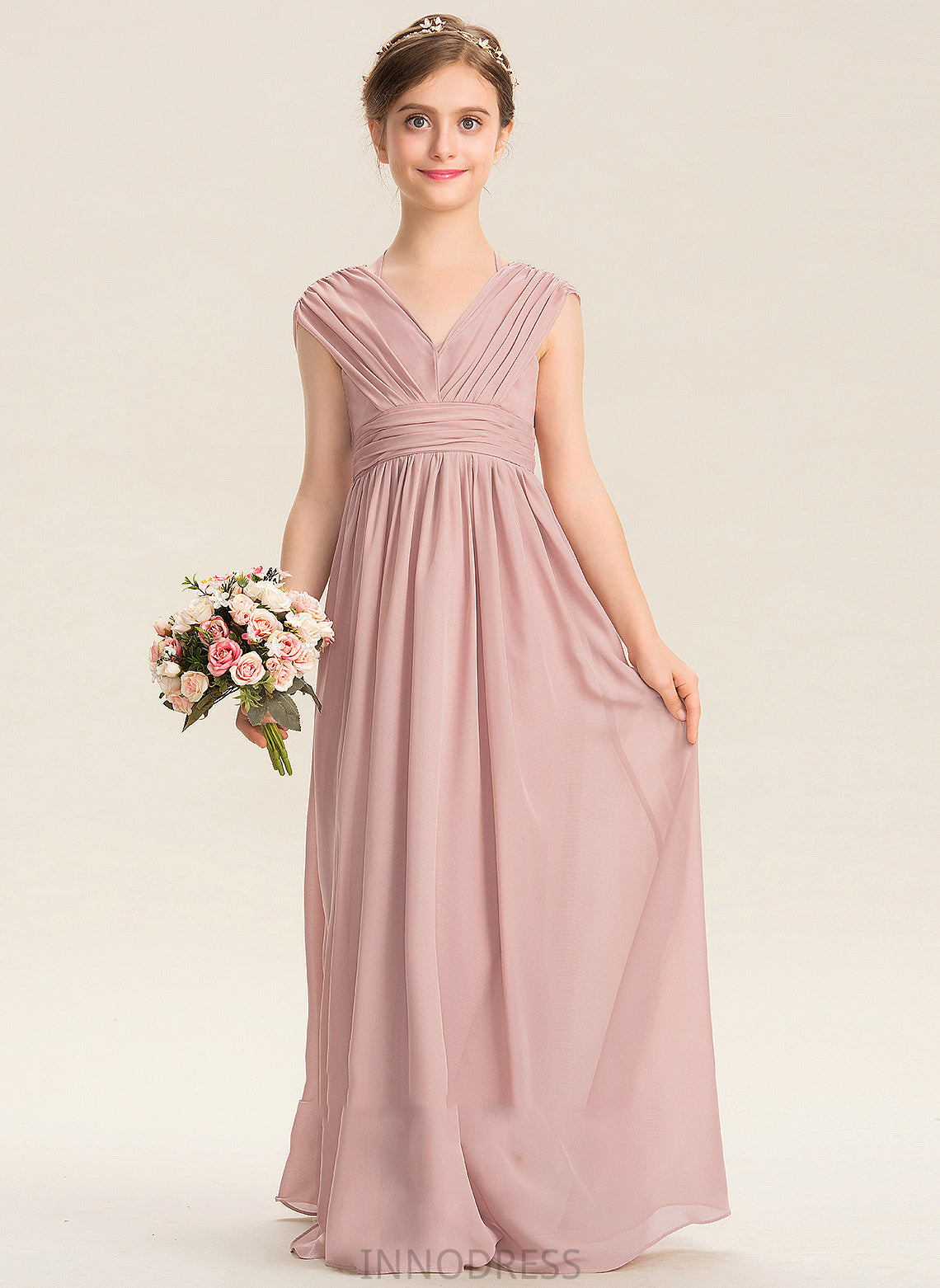 Ruffle V-neck A-Line With Floor-Length Amina Chiffon Bow(s) Junior Bridesmaid Dresses