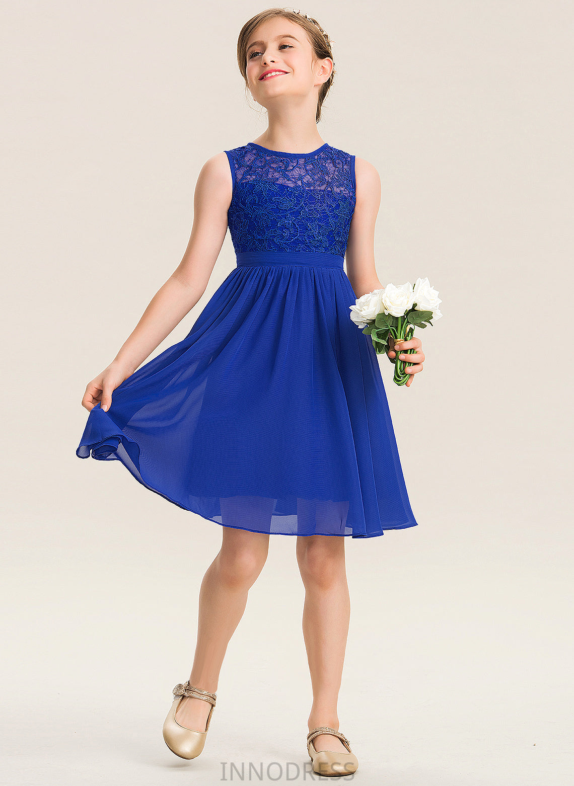 Knee-Length Neck Isabell Chiffon A-Line Junior Bridesmaid Dresses Lace Scoop