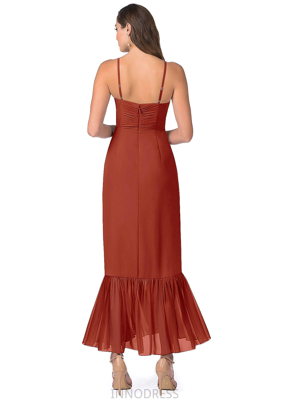 Coral Sleeveless Natural Waist A-Line/Princess Floor Length V-Neck Bridesmaid Dresses