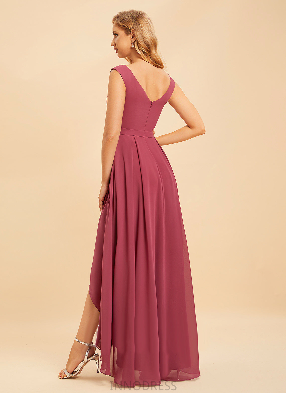 Asymmetrical Length V-neck A-Line Embellishment Ruffle Fabric Neckline Silhouette Sandra Sheath/Column Sleeveless Bridesmaid Dresses