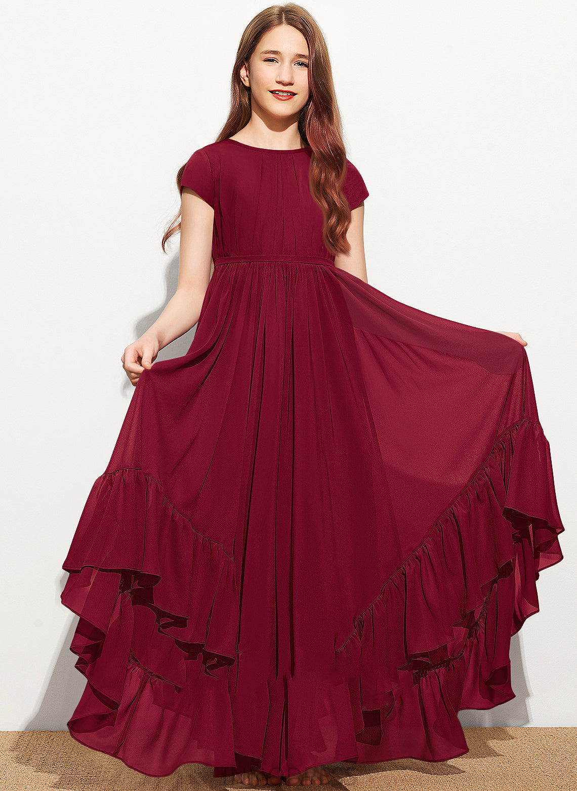 Floor-Length Shelby With Junior Bridesmaid Dresses Neck Lace Appliques Bow(s) A-Line Scoop Chiffon Ruffles Cascading