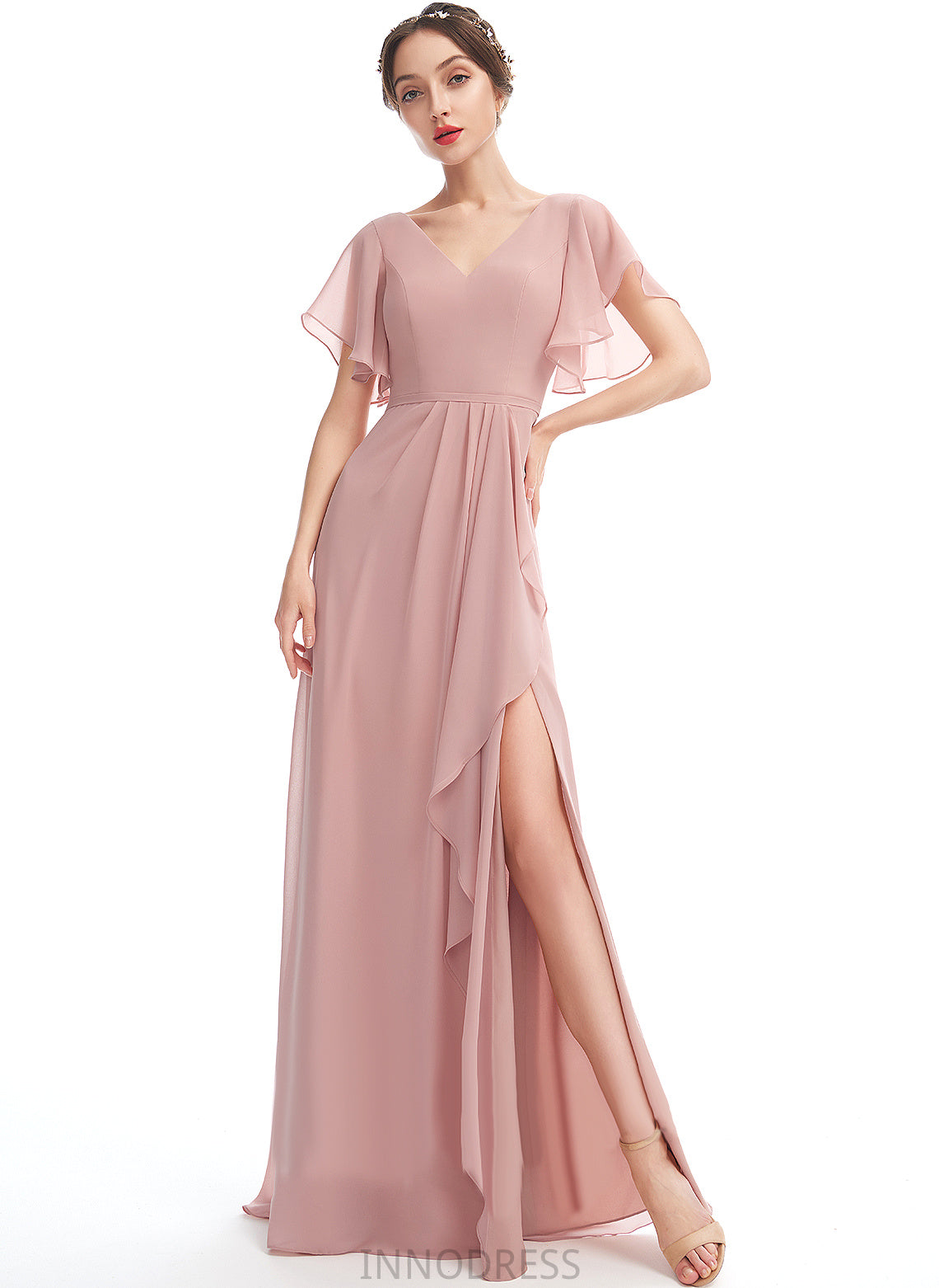 Embellishment Floor-Length Silhouette SplitFront Length Ruffle V-neck A-Line Neckline Fabric Jill Natural Waist Bridesmaid Dresses