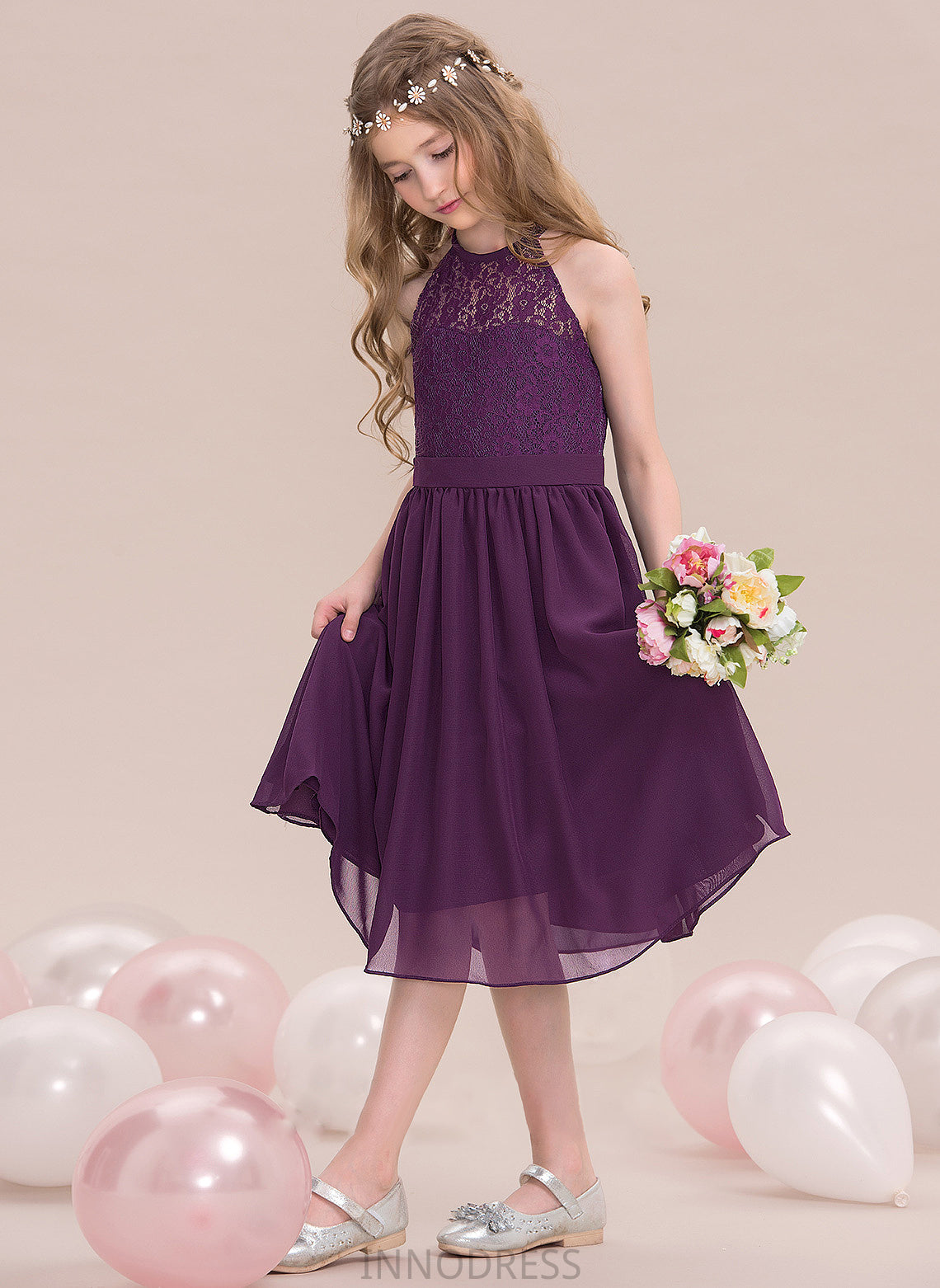 Chiffon Neck Junior Bridesmaid Dresses Adelaide Scoop Knee-Length A-Line