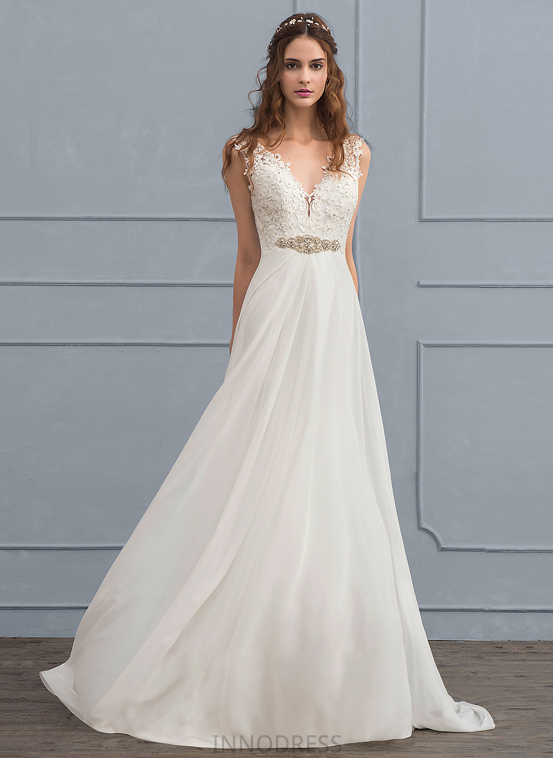 Elaina Court Chiffon Wedding Dress Wedding Dresses A-Line Sequins Beading Train With V-neck