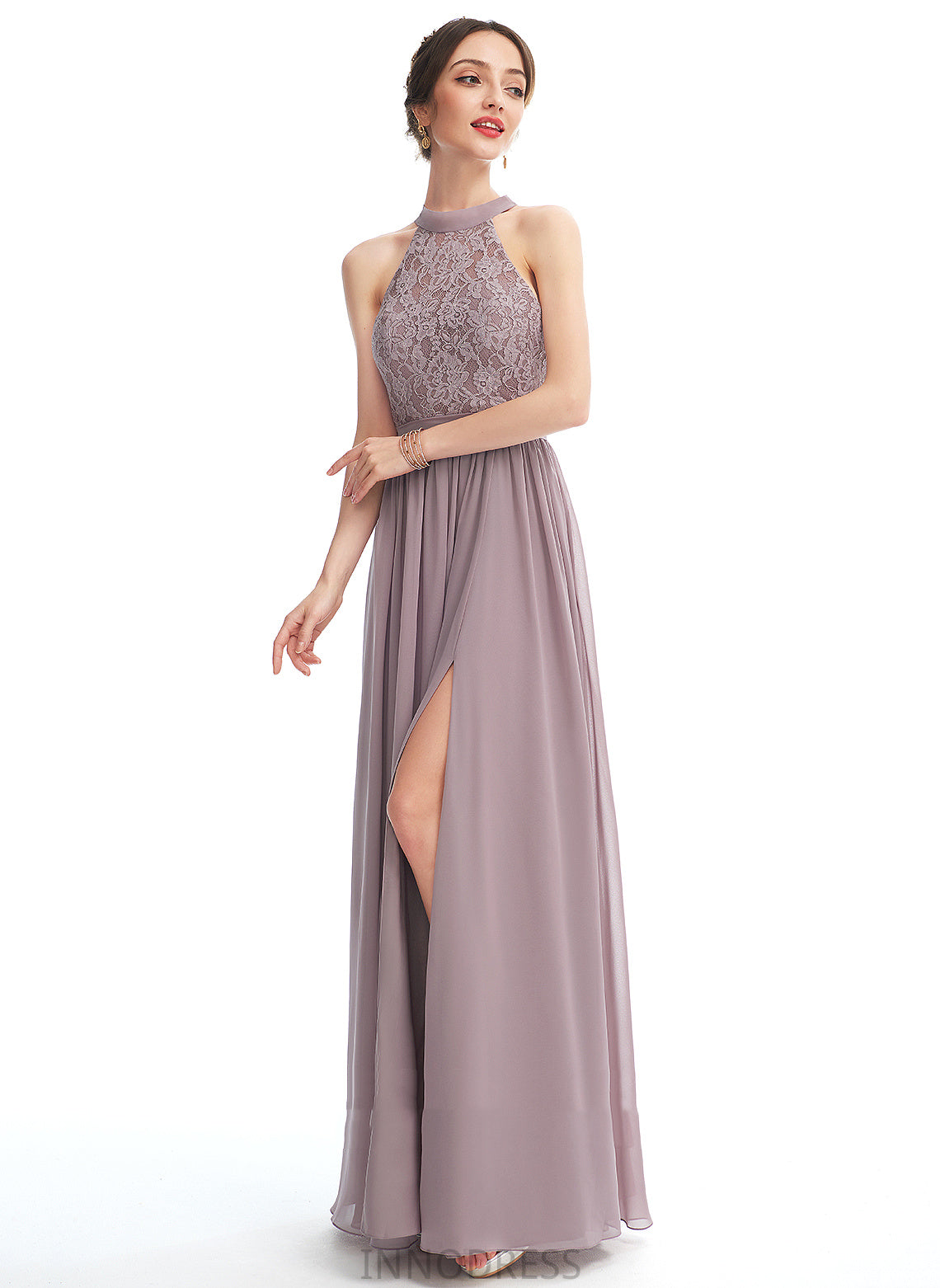 Floor-Length Embellishment SplitFront Halter Silhouette Length Fabric A-Line Neckline Diana A-Line/Princess One Shoulder Bridesmaid Dresses