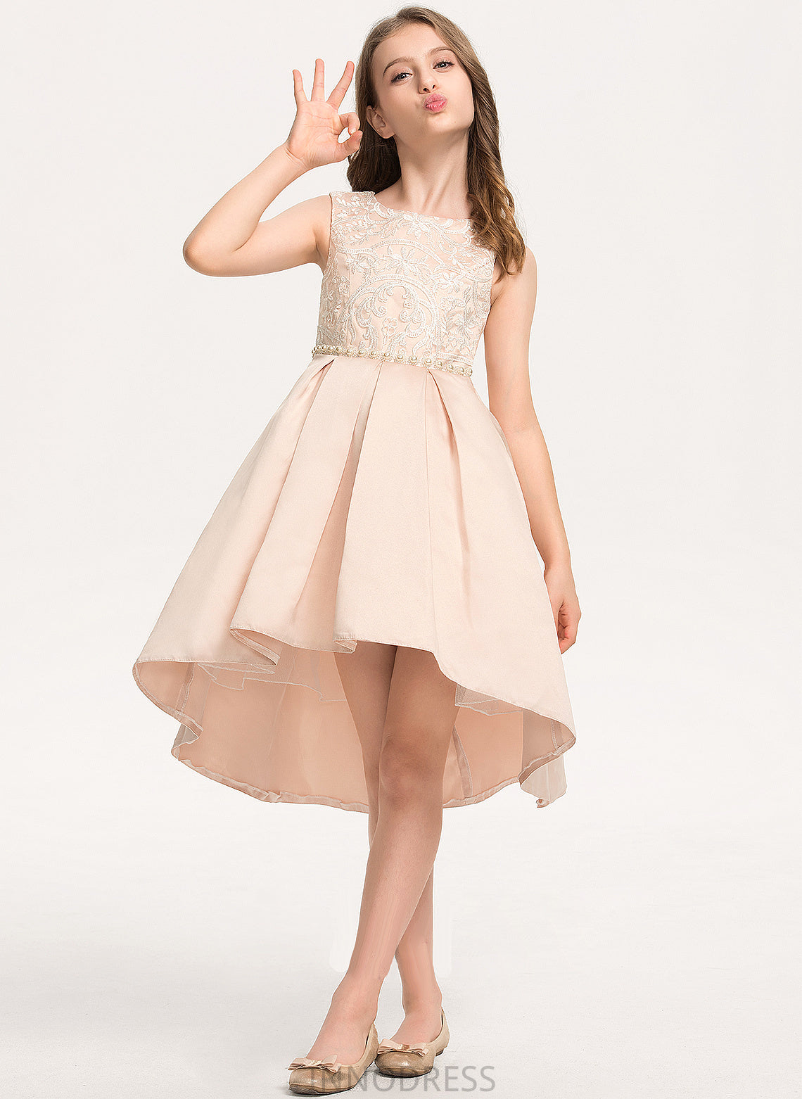 Neck Asymmetrical A-Line Satin Pockets With Stacy Junior Bridesmaid Dresses Scoop Lace Beading