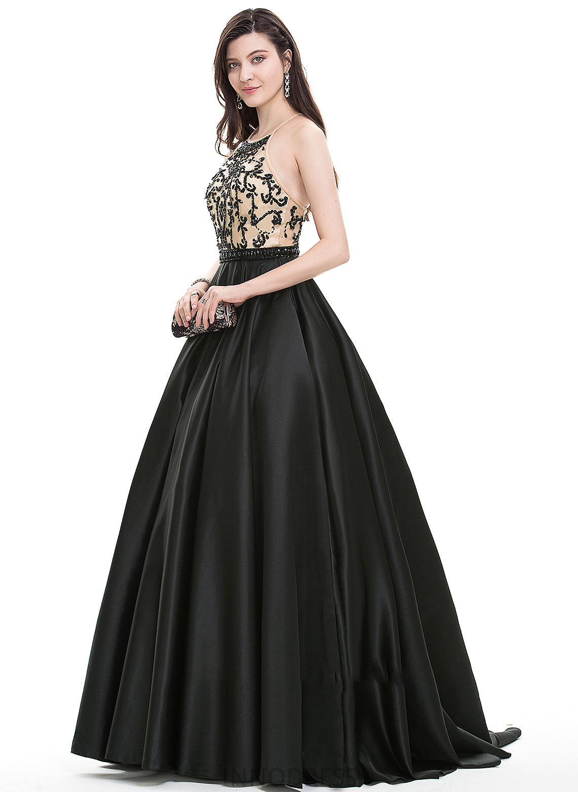 Beading With Satin Carly Prom Dresses Train Ball-Gown/Princess Scoop Sequins Neck Sweep