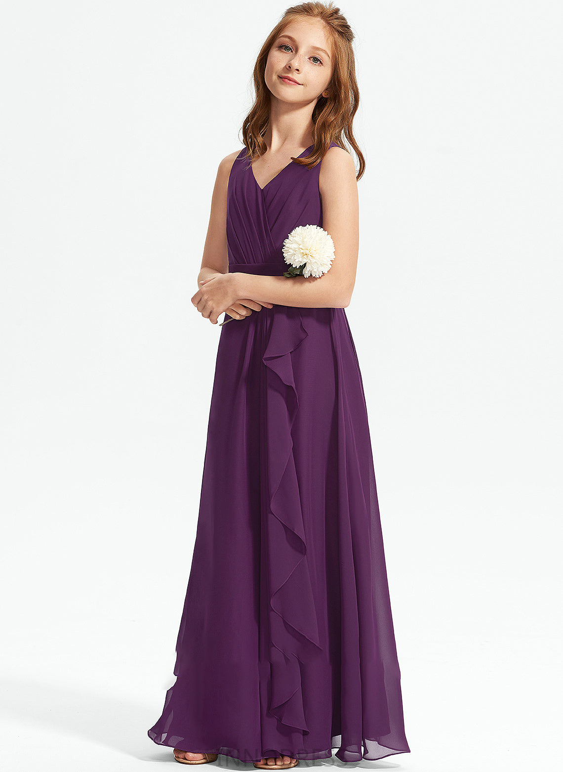 Floor-Length Chiffon Ruffles With Ayla A-Line Junior Bridesmaid Dresses V-neck