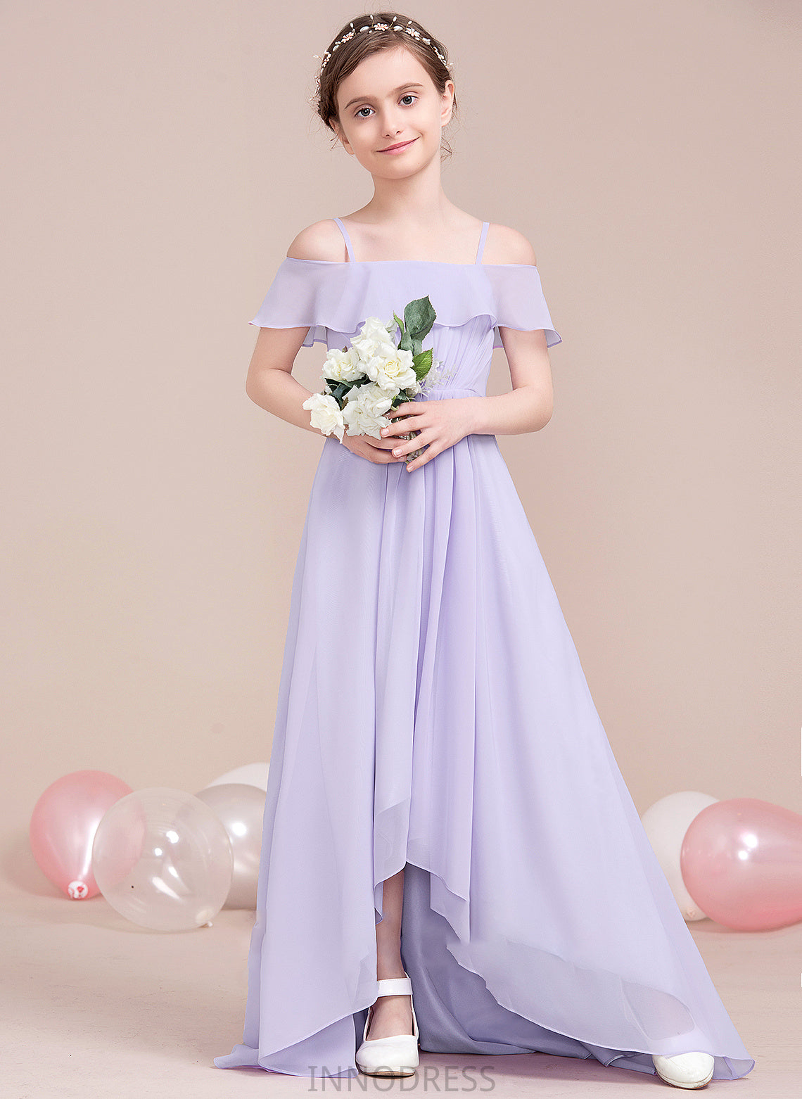 Madeline Cascading Asymmetrical With Ruffles Junior Bridesmaid Dresses Chiffon Off-the-Shoulder A-Line