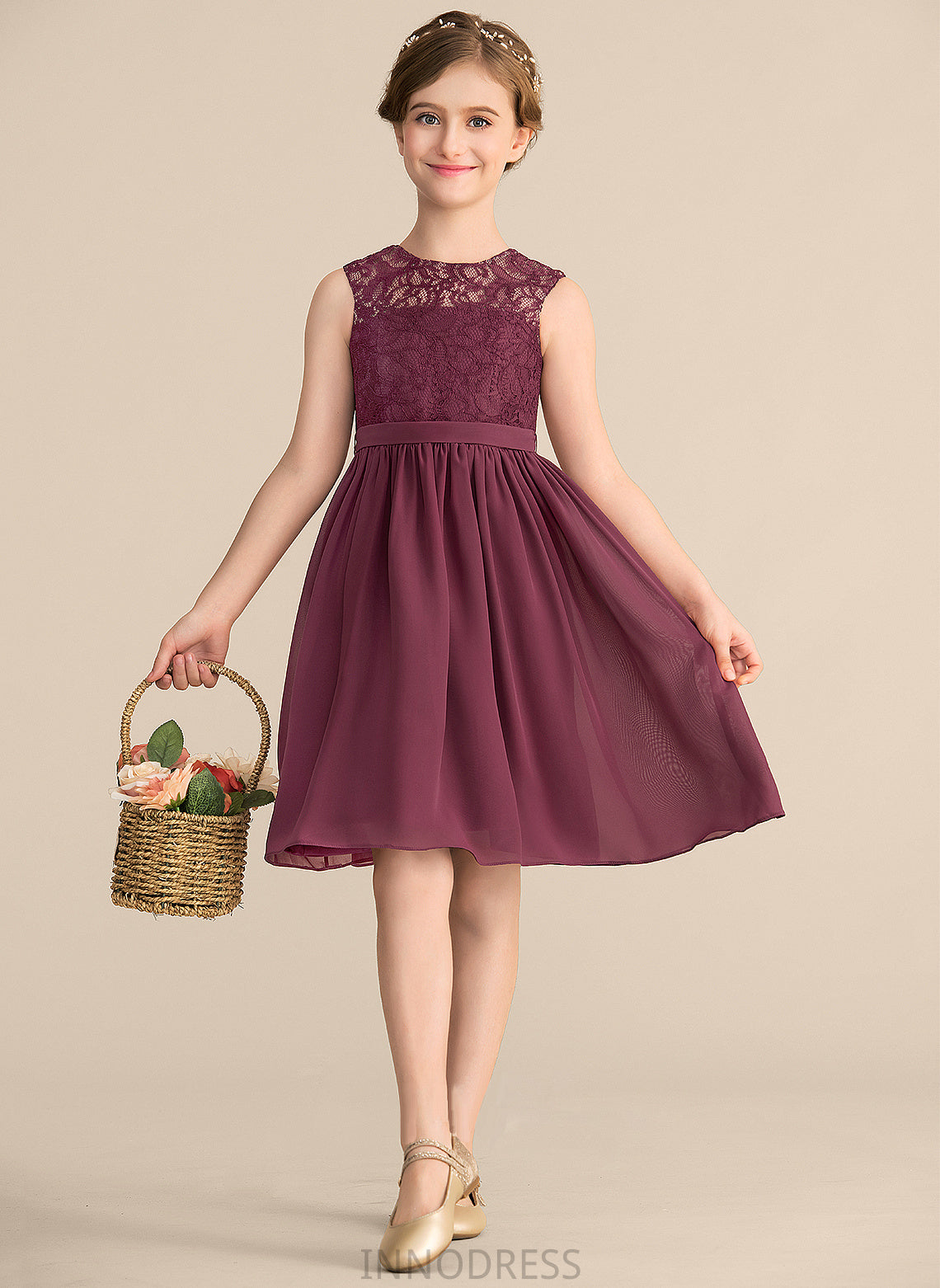 Junior Bridesmaid Dresses Aliya A-LineScoopNeckKnee-LengthChiffonLaceJuniorBridesmaidDress#165020