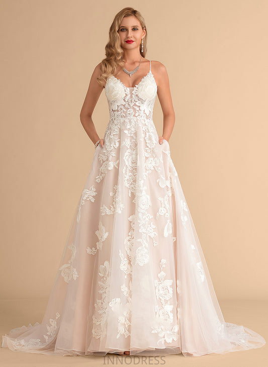 Wedding Train With Wedding Dresses Dress Beading Ball-Gown/Princess Court Heidi Tulle Lace Pockets V-neck