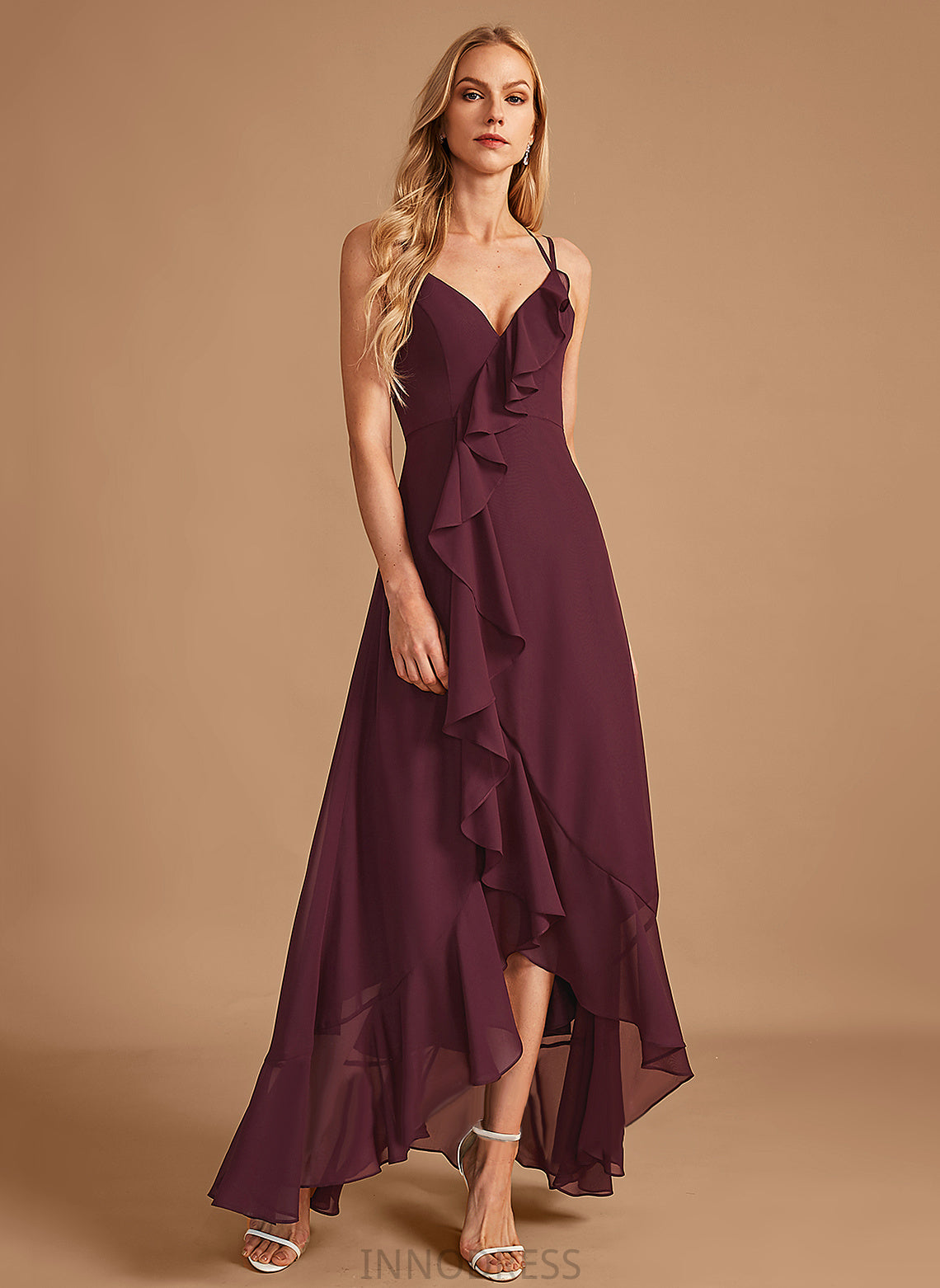 Silhouette V-neck Fabric SplitFront A-Line Asymmetrical Neckline Length Embellishment Ruffle Kristina Sleeveless Bridesmaid Dresses