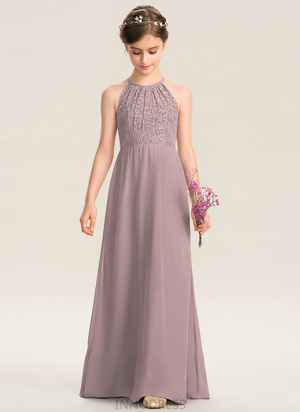 Camila A-LineScoopNeckFloor-LengthChiffonLaceJuniorBridesmaidDressWithRuffle#173272 Junior Bridesmaid Dresses