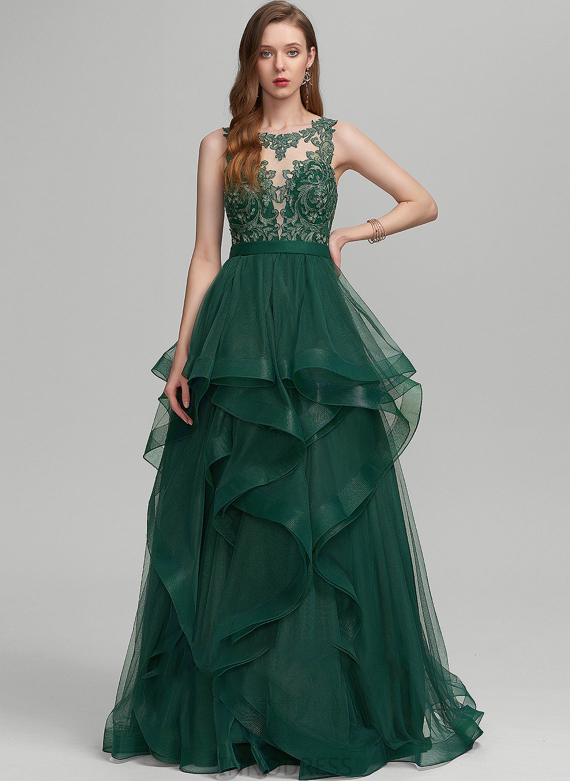 Paris Prom Dresses Scoop Tulle Lace Floor-Length Ball-Gown/Princess With Neck Ruffle