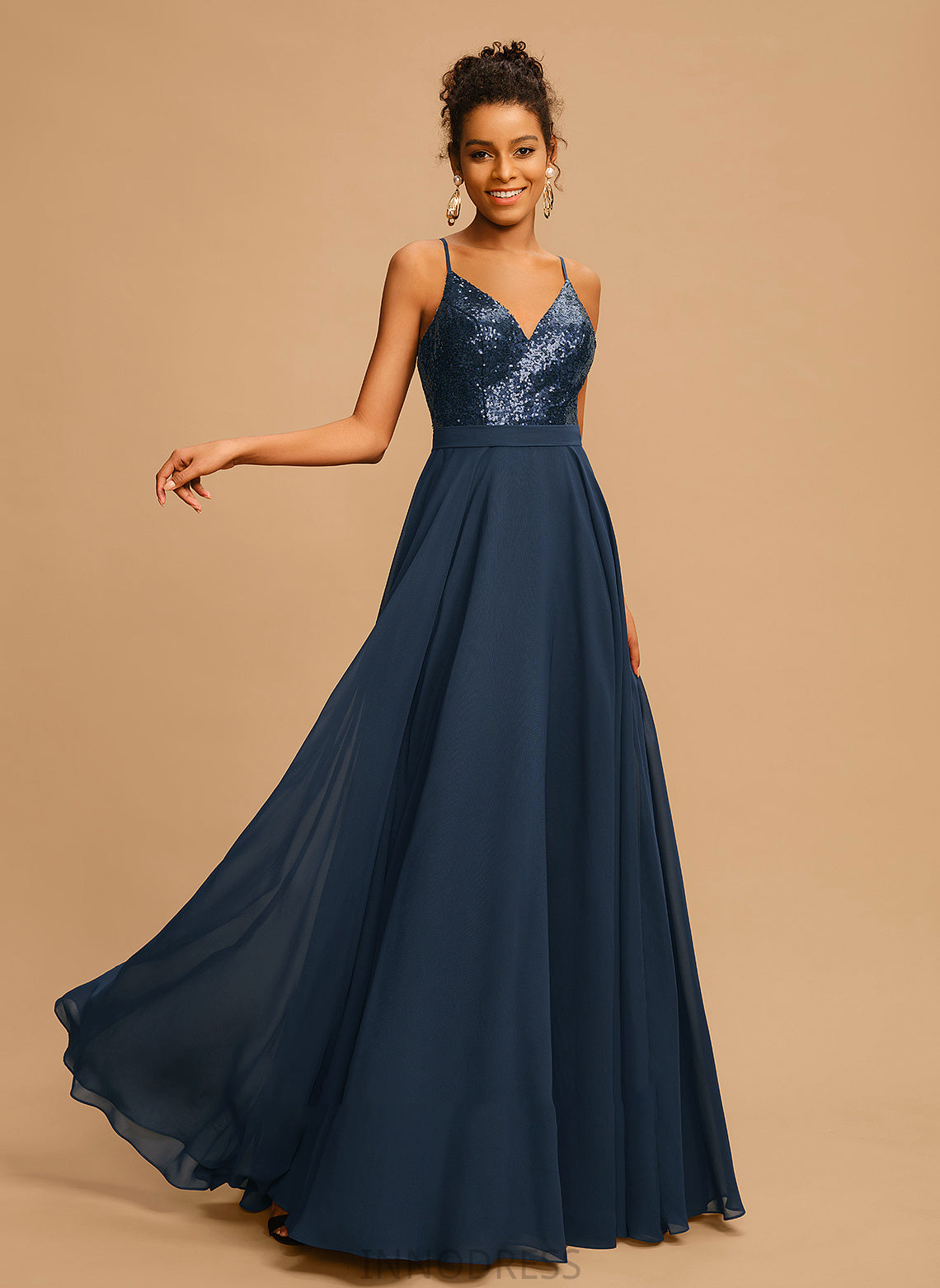 Floor-Length Prom Dresses Sequins A-Line V-neck Chiffon Zoie With