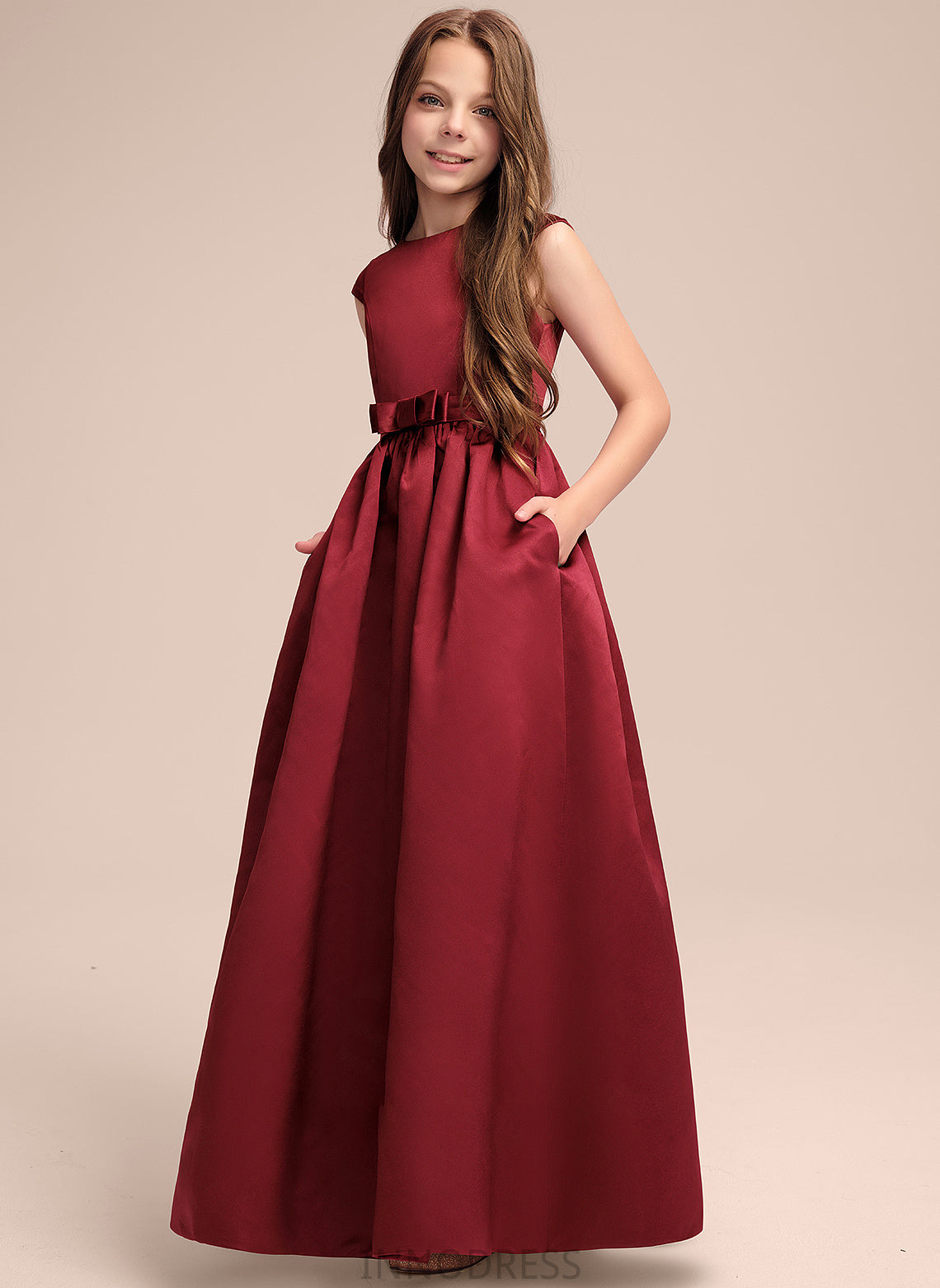 Scoop A-Line Katelynn Pockets Junior Bridesmaid Dresses Floor-Length With Neck Bow(s) Satin