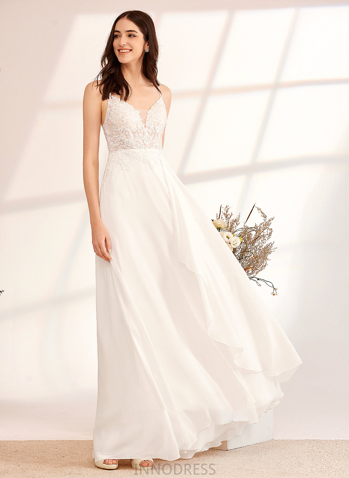 Sequins V-neck Dress Wedding Dresses A-Line With Floor-Length Aniya Wedding