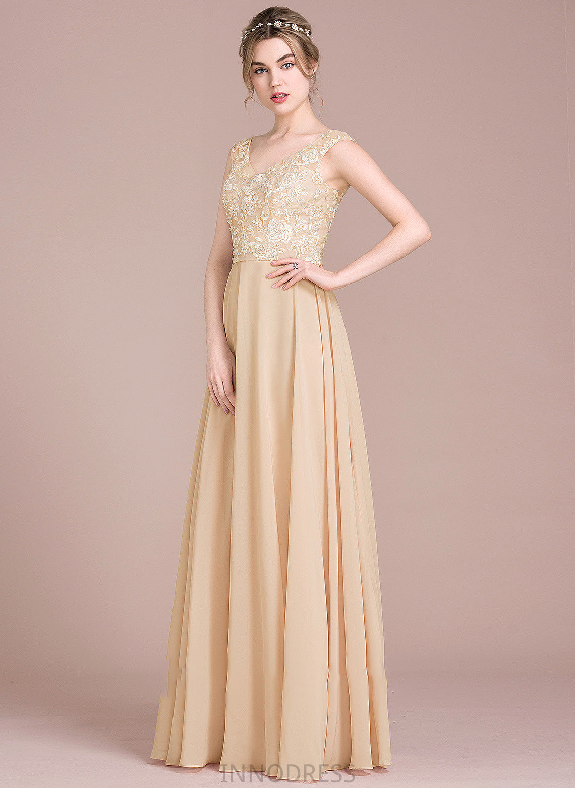 Chiffon Prom Dresses Lace Emmalee A-Line V-neck Floor-Length